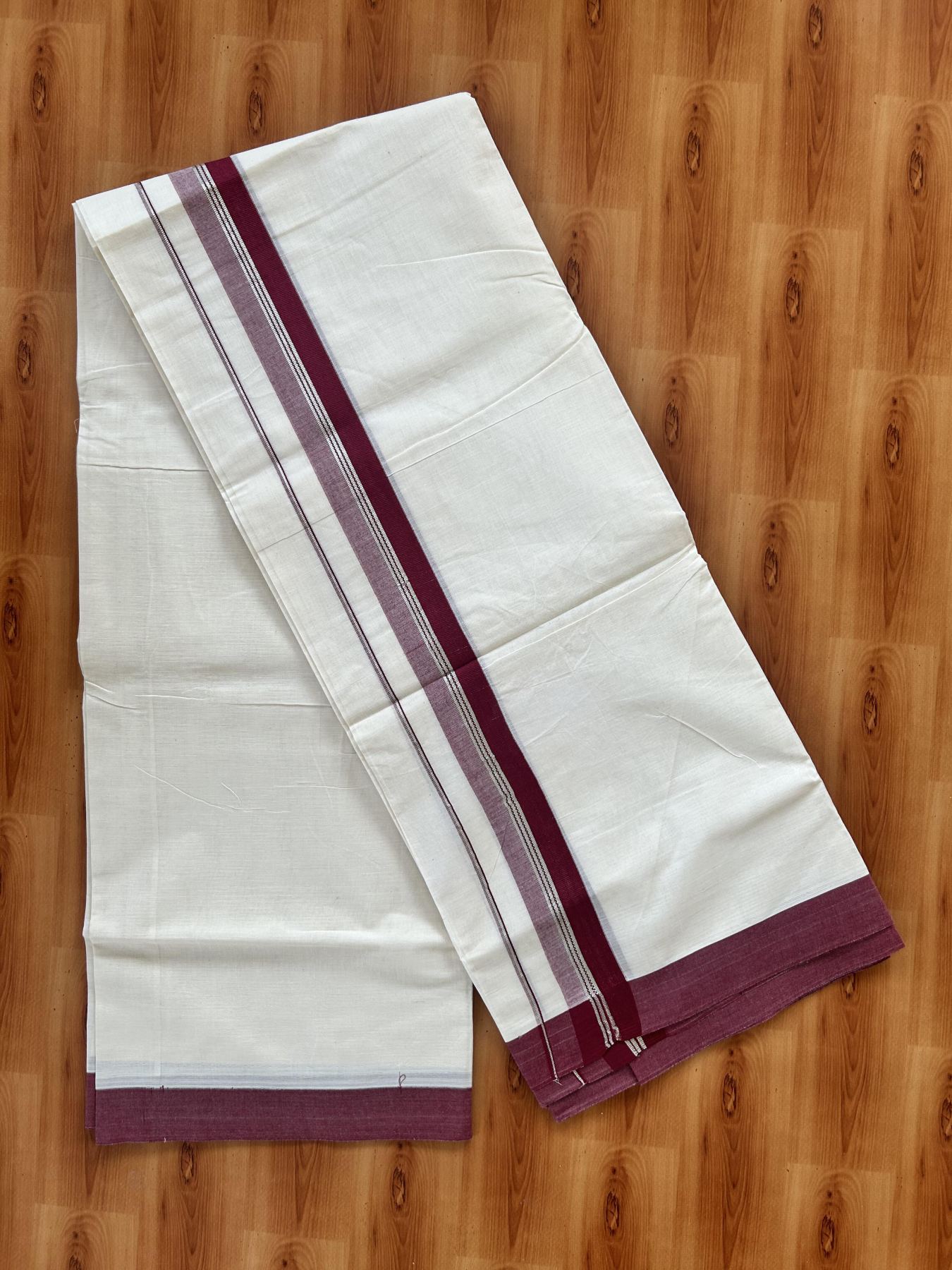 Double Off White (Unbleached) Mundu/Dhoti - 20% Discount! Kaitharikada 100% Pure Cotton - 100x80 - 1.5 inch Silver Kasav & Maroon striped shaded Kara 4 mtr (8.5 muzham) - 16 KK5460 PMC