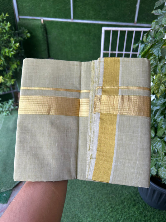 25% Discount! KaithariKada Handloom Unakkupaav - Kerala Handloom - Pure Cotton Double Mundu/Dhoti (Unbleached) - 100x80 - Olive Green Colour Body - 1.5 inch Gold Kasav Striped Kara - 4 Mtr ( 8.5 muzham) - 7 KK5367 ABH