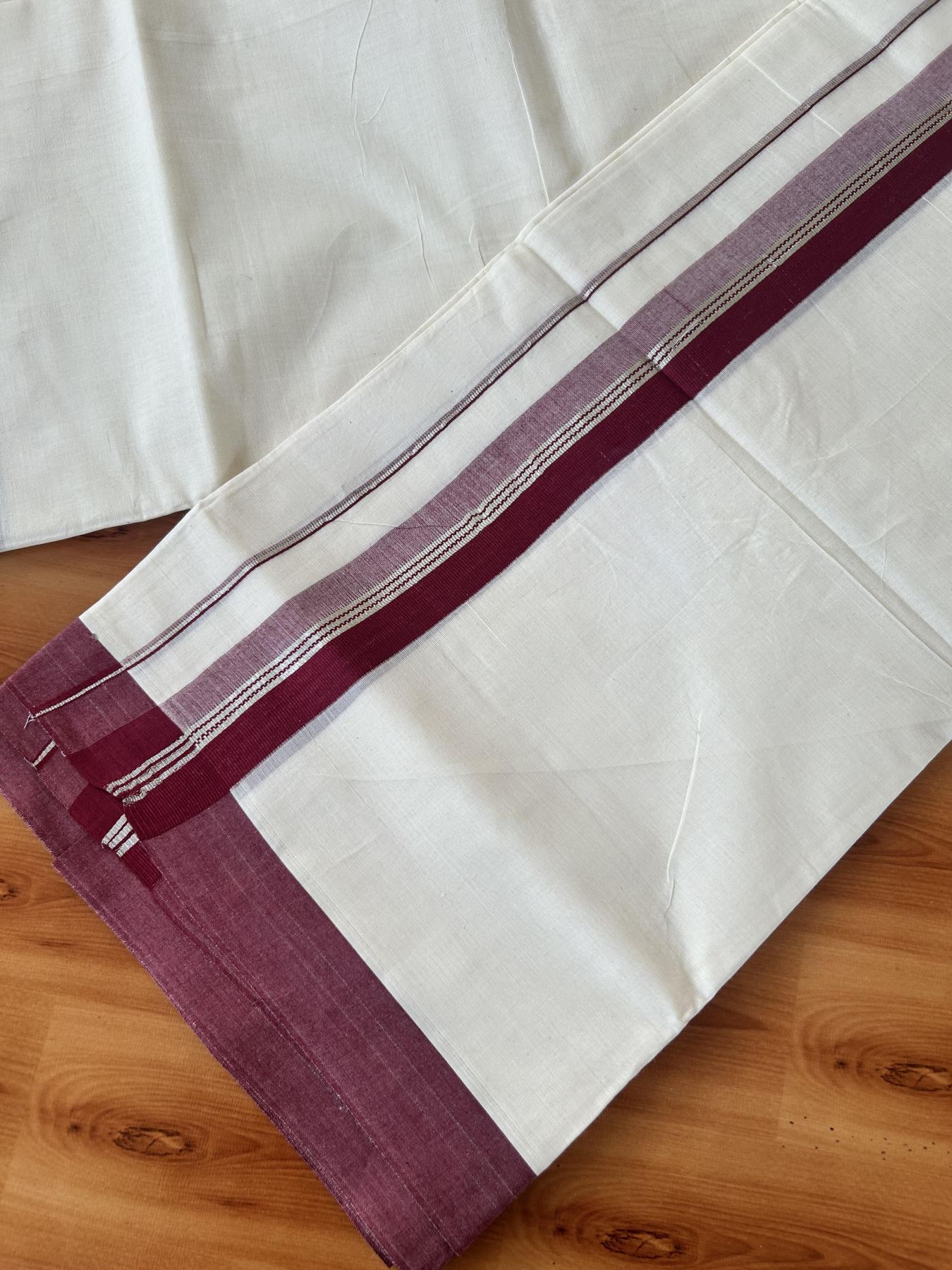 Double Off White (Unbleached) Mundu/Dhoti - 20% Discount! Kaitharikada 100% Pure Cotton - 100x80 - 1.5 inch Silver Kasav & Maroon striped shaded Kara 4 mtr (8.5 muzham) - 16 KK5460 PMC