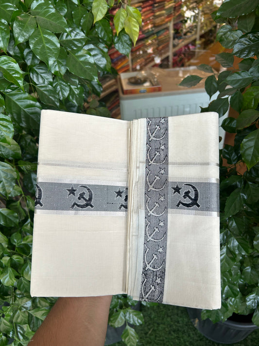 Cpi(M) Veshti - 25% Discount ! KaithariKada Handloom Unakkupaav Kerala Handloom -100% Pure Cotton Off White - (Unbleached) Double Mundu/Dhoti - 100x80 - 2 inch Arival Chuttika Nakshathram Silver Kasav & Black Jaquard Design Kara - 6 KK5367 ABH