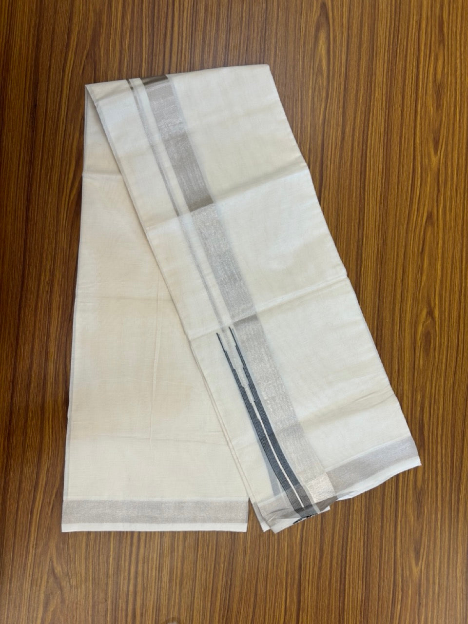 20% DISCOUNT! KaithariKada Balaramapuram 100% Cotton Double Off white (Unbleached) Mundu/Dhoti - 100x80 - 1.5 inch Silver Kasavu Black striped chutty kara 4 mtr (8.5 muzham) - 1 KK5271 THI