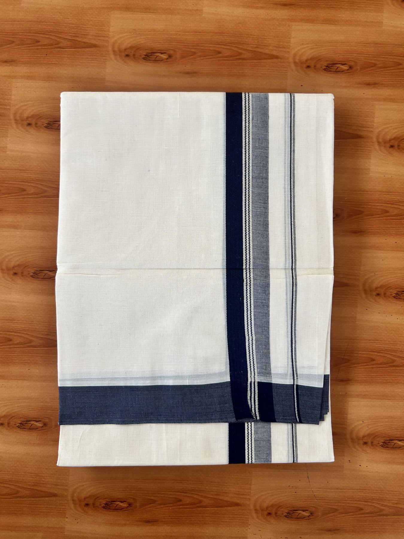 Double Off White (Unbleached) Mundu/Dhoti - 20% Discount! Kaitharikada 100% Pure Cotton - 100x80 - 1.5 inch Silver Kasav & Navy Blue striped shaded Kara 4 mtr (8.5 muzham) - 17 KK5460 PMC