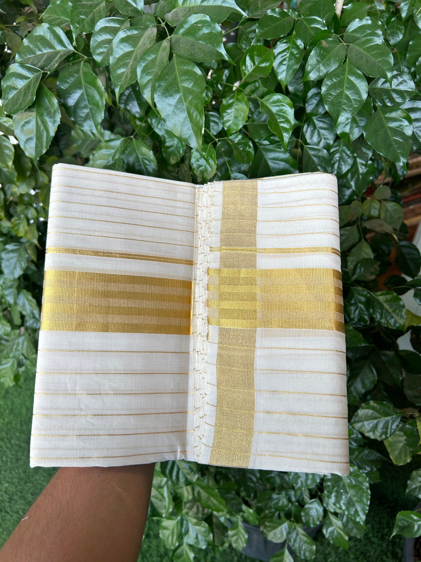 25% Discount ! KaithariKada Handloom Unakkupaav Kerala Handloom - 100% Pure Cotton Off White - (Unbleached) Double Mundu/Dhoti - 100x80 - 2 inch Gold Kasav Full Body Striped Kara 4 mtr (8.5 Muzham) -  5 KK5367 ABH