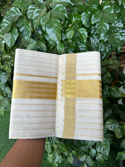 25% Discount ! KaithariKada Handloom Unakkupaav Kerala Handloom - 100% Pure Cotton Off White - (Unbleached) Double Mundu/Dhoti - 100x80 - 2 inch Gold Kasav Full Body Striped Kara 4 mtr (8.5 Muzham) -  5 KK5367 ABH