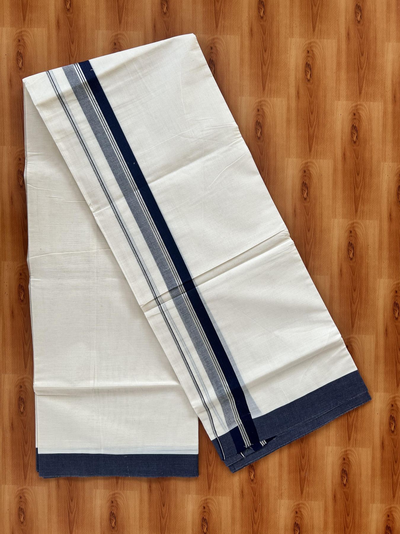 Double Off White (Unbleached) Mundu/Dhoti - 20% Discount! Kaitharikada 100% Pure Cotton - 100x80 - 1.5 inch Silver Kasav & Navy Blue striped shaded Kara 4 mtr (8.5 muzham) - 17 KK5460 PMC