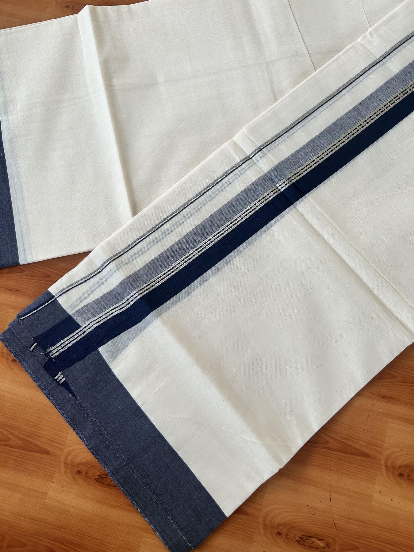Double Off White (Unbleached) Mundu/Dhoti - 20% Discount! Kaitharikada 100% Pure Cotton - 100x80 - 1.5 inch Silver Kasav & Navy Blue striped shaded Kara 4 mtr (8.5 muzham) - 17 KK5460 PMC
