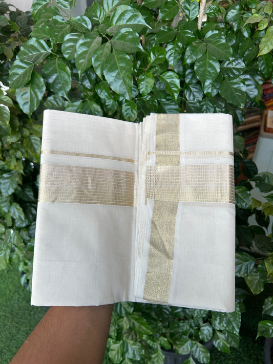25% Discount ! KaithariKada Handloom Unakkupaav Kerala Handloom - 100% Pure Cotton Off White - (Unbleached) Double Mundu/Dhoti - 100x80 - 2 inch Light Gold Kasav Striped Kara 4 mtr (8.5 Muzham) -  4 KK5367 ABH