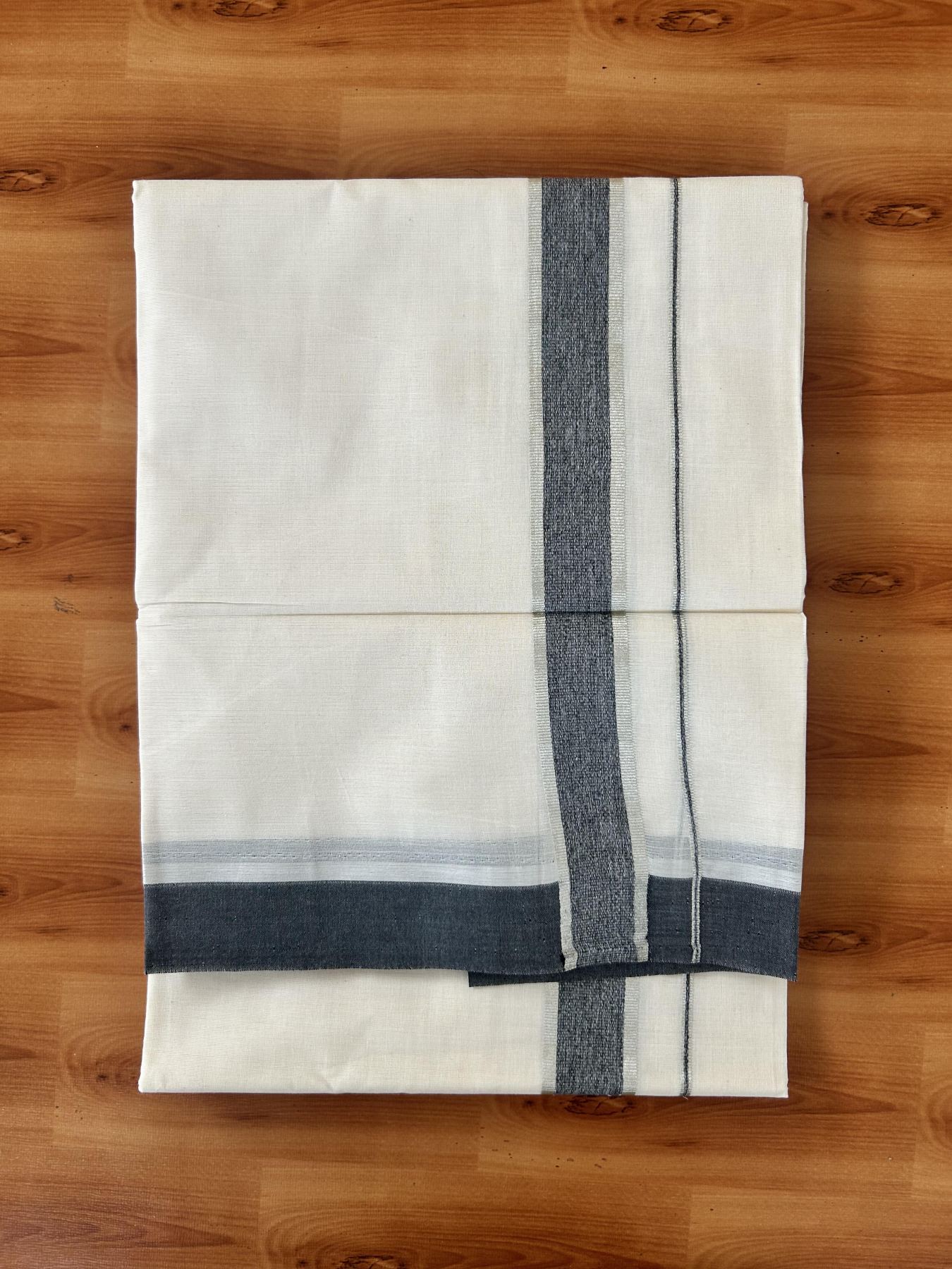 Double Off White (Unbleached) Mundu/Dhoti - 20% Discount! Kaitharikada 100% Pure Cotton - 100x80 - 1.5 inch Silver Kasav & Black shaded Kara 4 mtr (8.5 muzham) - 14 KK5460 PMC
