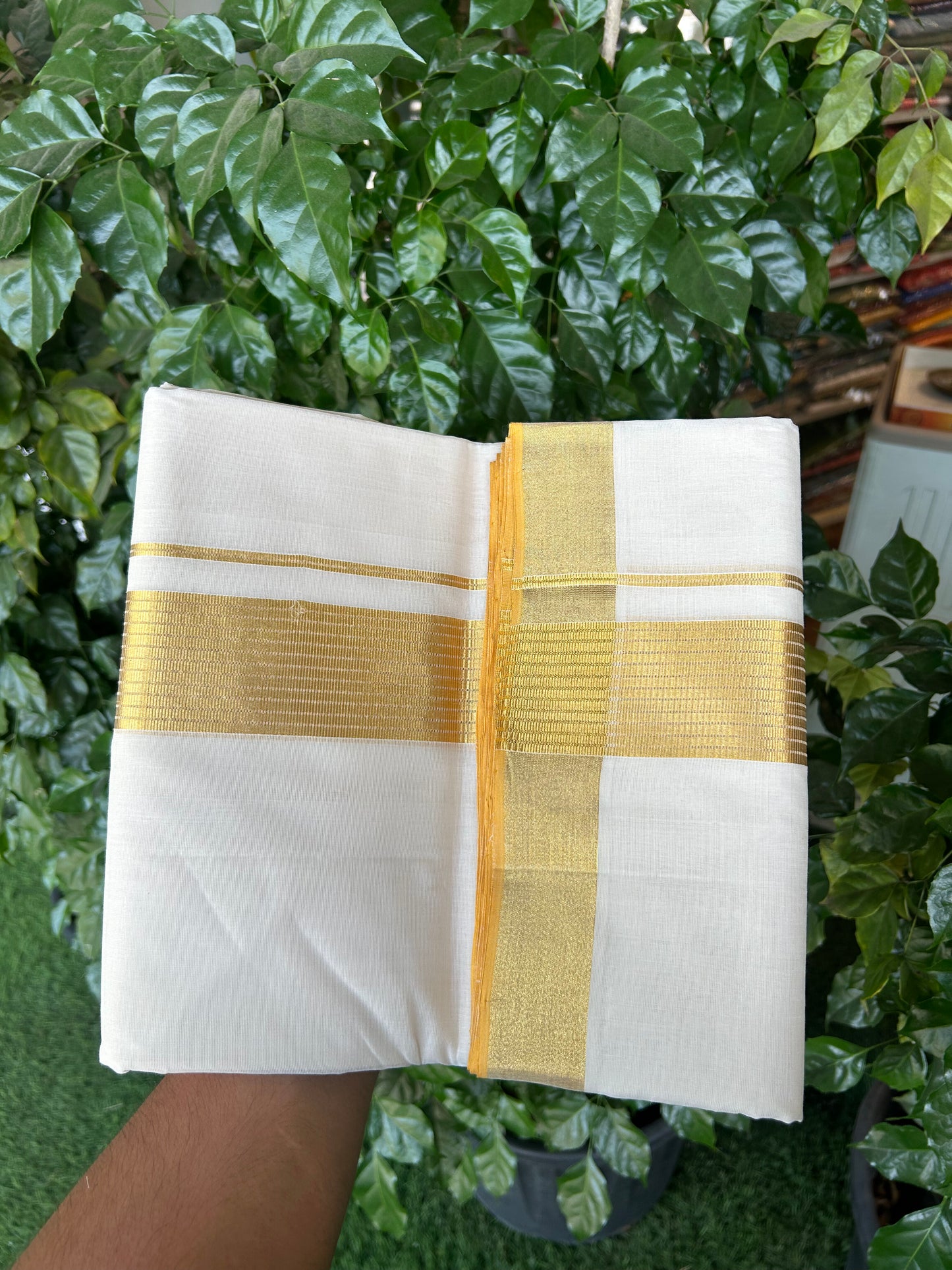 25% Discount ! KaithariKada Handloom Unakkupaav Kerala Handloom - 100% Pure Cotton Off White - (Unbleached) Double Mundu/Dhoti - 100x80 - 2 inch Gold Kasav Striped Kara 4 mtr (8.5 Muzham) - 2 KK5367 ABH