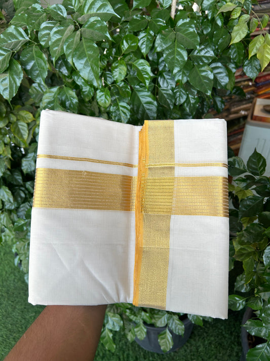 25% Discount ! KaithariKada Handloom Unakkupaav Kerala Handloom - 100% Pure Cotton Off White - (Unbleached) Double Mundu/Dhoti - 100x80 - 2 inch Gold Kasav Striped Kara 4 mtr (8.5 Muzham) - 2 KK5367 ABH