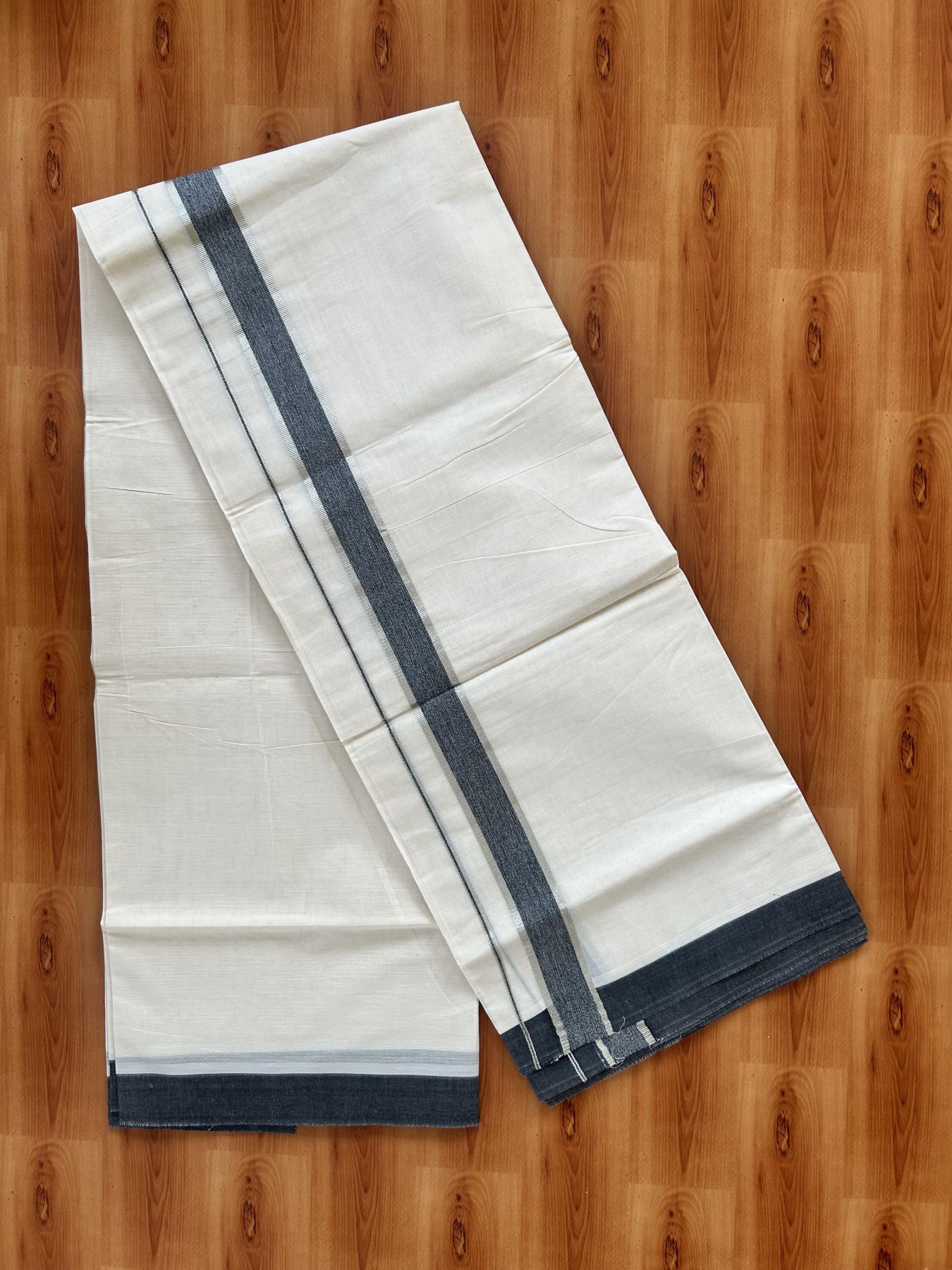 Double Off White (Unbleached) Mundu/Dhoti - 20% Discount! Kaitharikada 100% Pure Cotton - 100x80 - 1.5 inch Silver Kasav & Black shaded Kara 4 mtr (8.5 muzham) - 14 KK5460 PMC