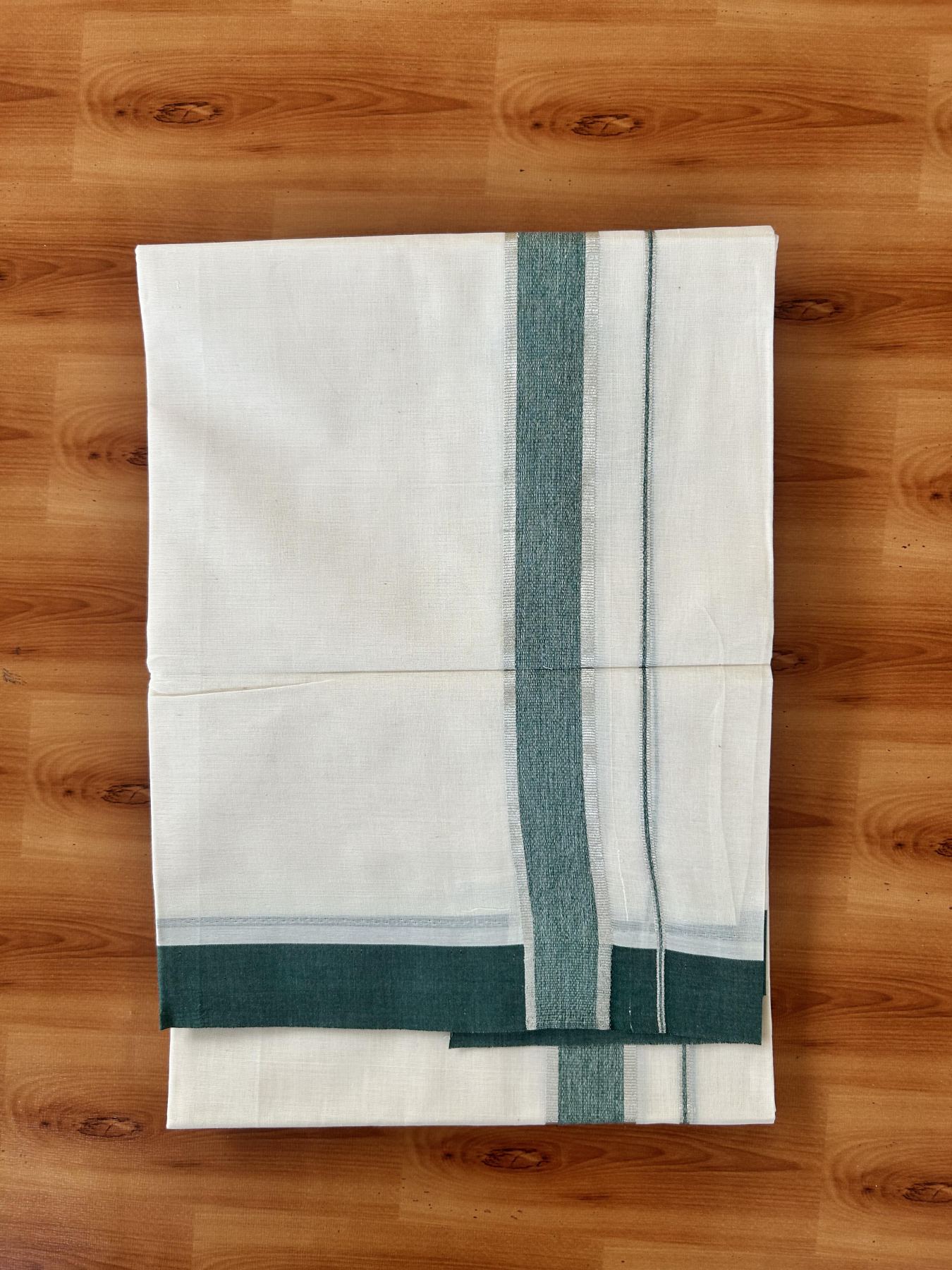 Double Off White (Unbleached) Mundu/Dhoti - 20% Discount! Kaitharikada 100% Pure Cotton - 100x80 - 1.5 inch Silver Kasav & Green shaded Kara 4 mtr (8.5 muzham) - 13 KK5460 PMC