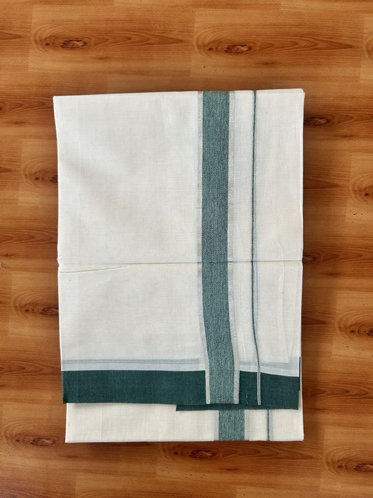 Double Off White (Unbleached) Mundu/Dhoti - 20% Discount! Kaitharikada 100% Pure Cotton - 100x80 - 1.5 inch Silver Kasav & Green shaded Kara 4 mtr (8.5 muzham) - 13 KK5460 PMC