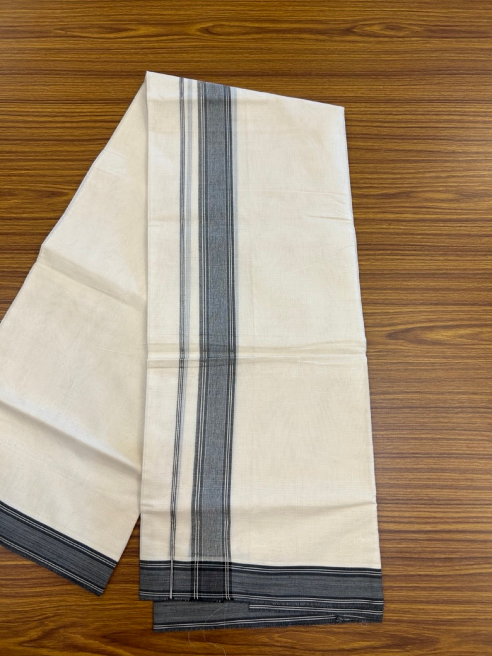 20% DISCOUNT ! KaithariKada Balaramapuram 100% Cotton Double Off white - (Unbleached) Mundu/Dhoti - 100X80 - 1.75 inch Black & Silver kasav Kara 4mtr (8.5 muzham) - 4 KK5271 PMC