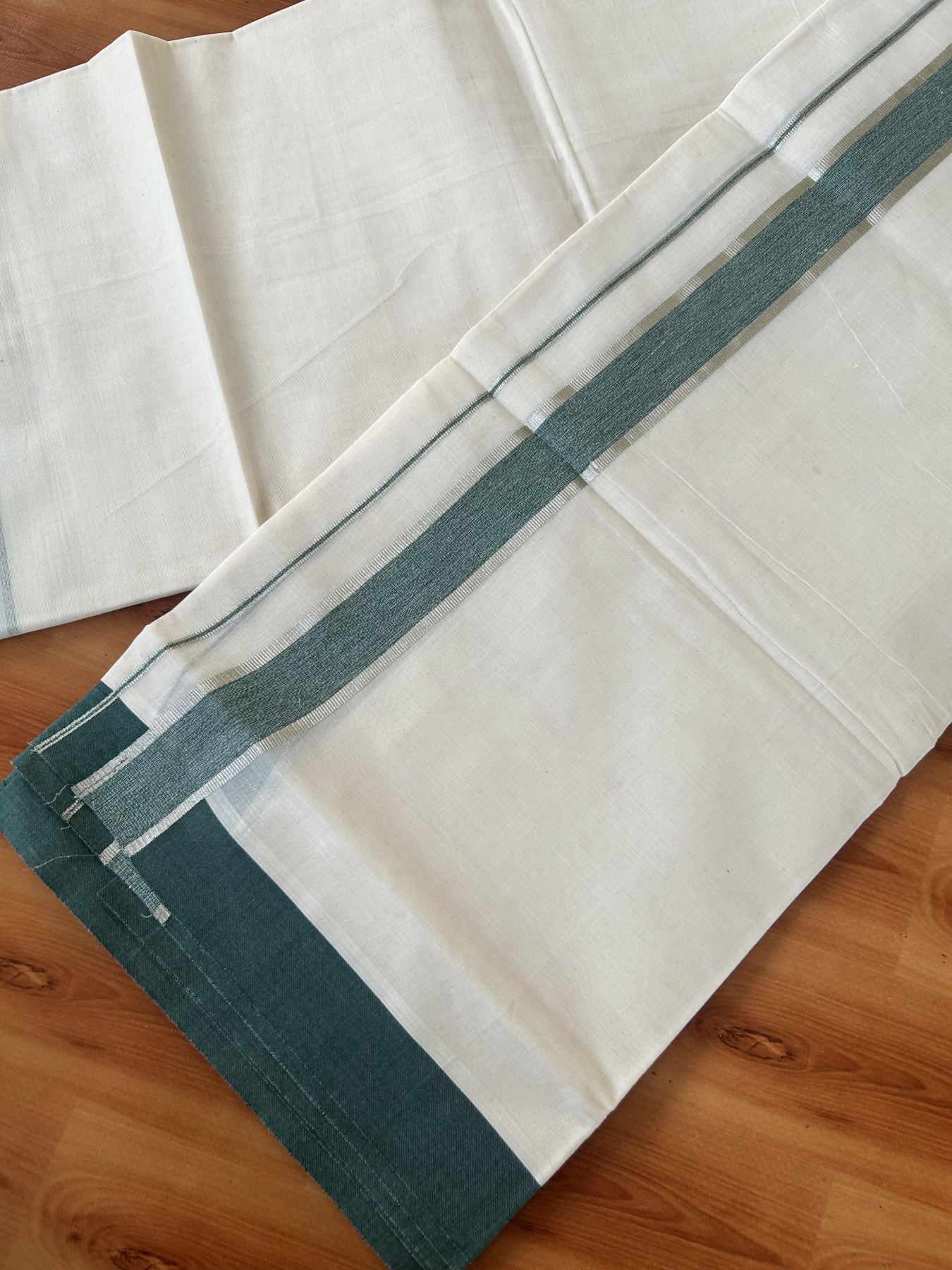Double Off White (Unbleached) Mundu/Dhoti - 20% Discount! Kaitharikada 100% Pure Cotton - 100x80 - 1.5 inch Silver Kasav & Green shaded Kara 4 mtr (8.5 muzham) - 13 KK5460 PMC