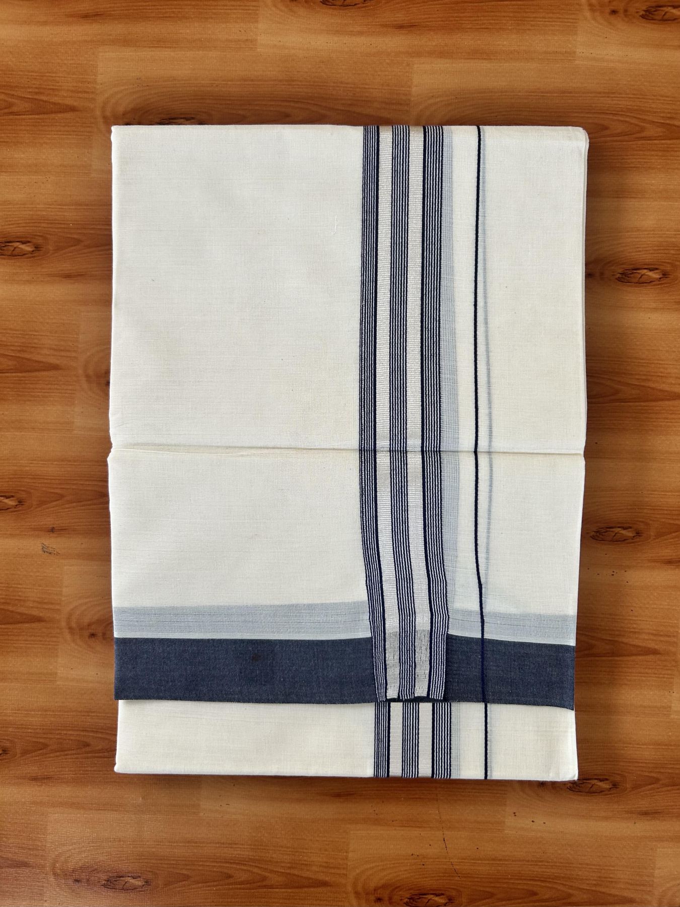 Double Off White (Unbleached) Mundu/Dhoti - 20% Discount! Kaitharikada 100% Pure Cotton - 100x80 - 1.5 inch Silver Kasav & Navy Blue striped Kara 4 mtr (8.5 muzham) - 12 KK5460 PMC