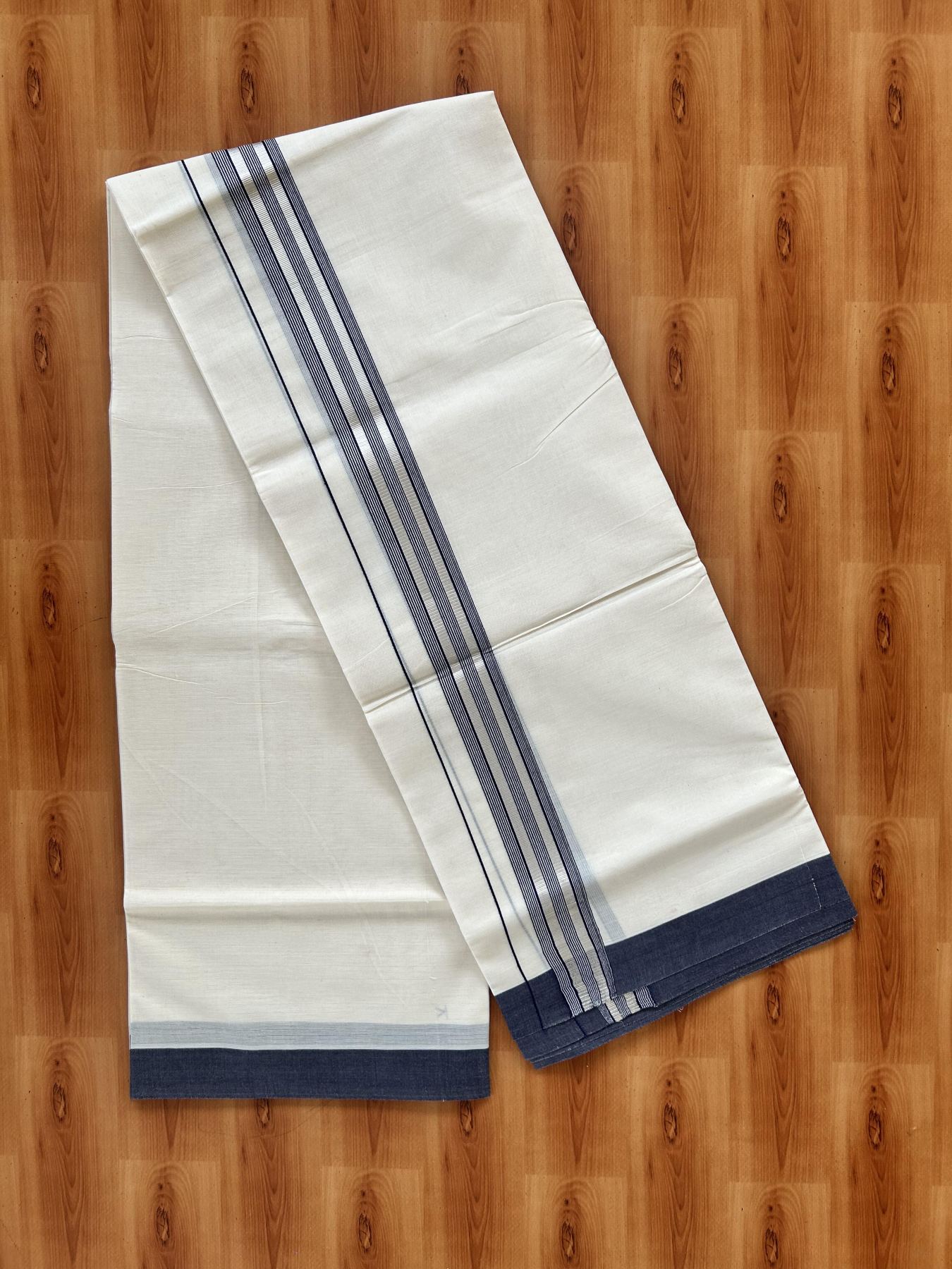 Double Off White (Unbleached) Mundu/Dhoti - 20% Discount! Kaitharikada 100% Pure Cotton - 100x80 - 1.5 inch Silver Kasav & Navy Blue striped Kara 4 mtr (8.5 muzham) - 12 KK5460 PMC