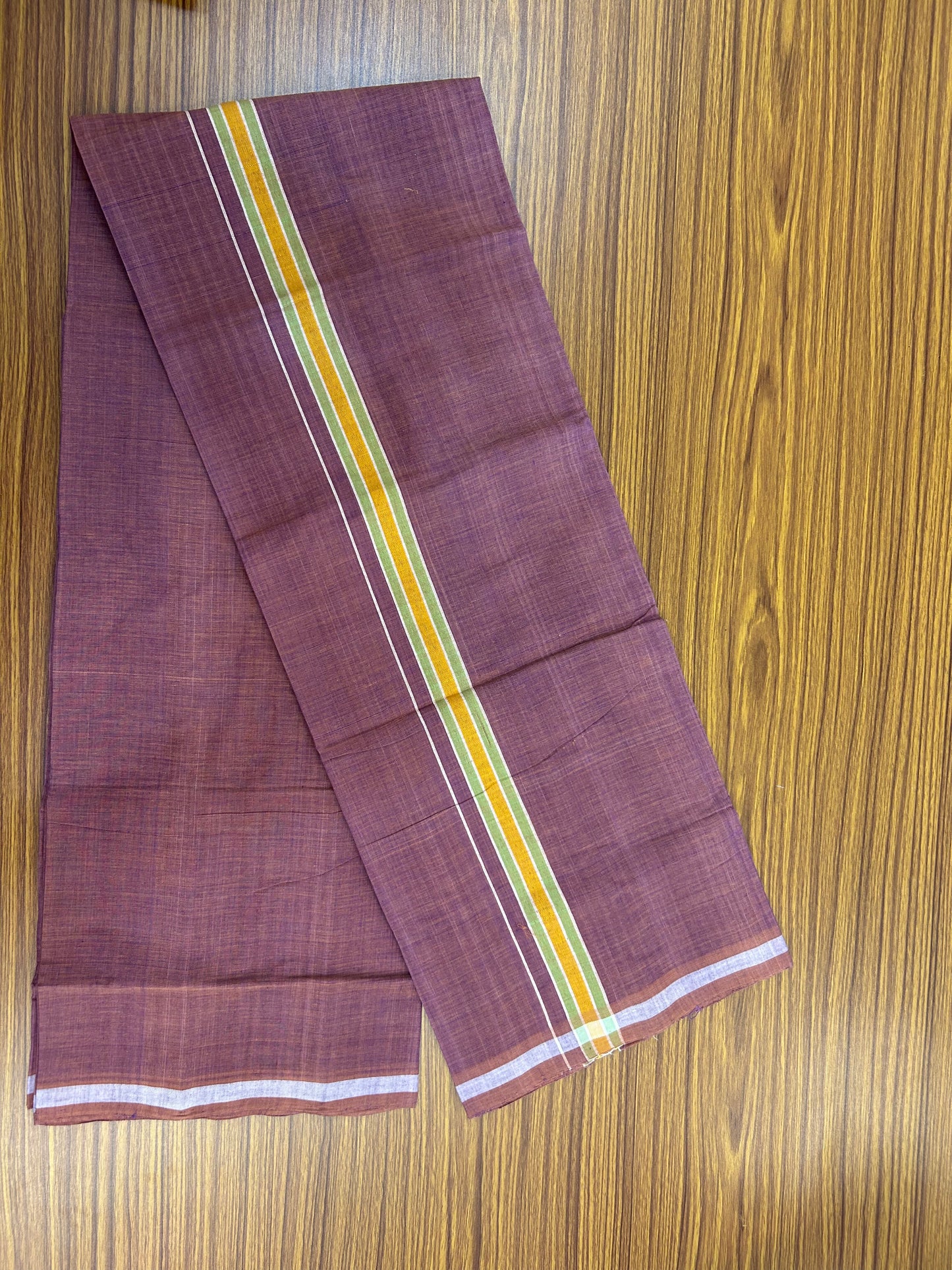 Kerala Handloom Single  - KaithariKada 100% Pure Cotton - Mundu/Dhoti Deep Ruby Body & 1 inch Light Green & Mustard Yellow Kara - (2 meter / 4 muzham)- 2 KK8051 ELA
