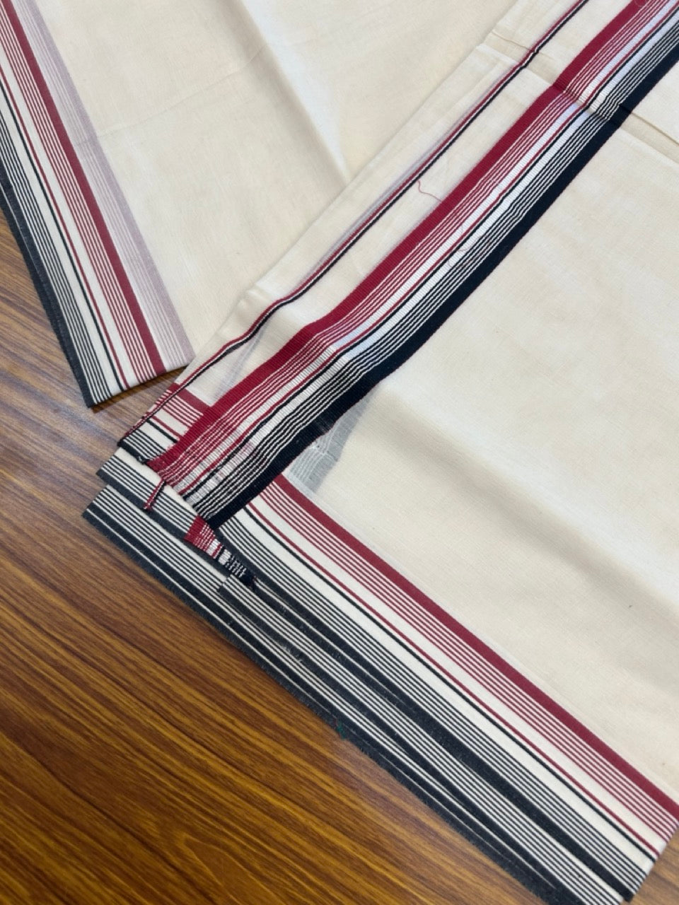 20% DISCOUNT ! KaithariKada Balaramapuram 100% Cotton Double Off white - (Unbleached) Mundu/Dhoti - 100X80 - 1.5 inch Silver kasav Black & Maroon stripes Kara 4mtr (8.5 muzham) - 5 KK5271 PMC