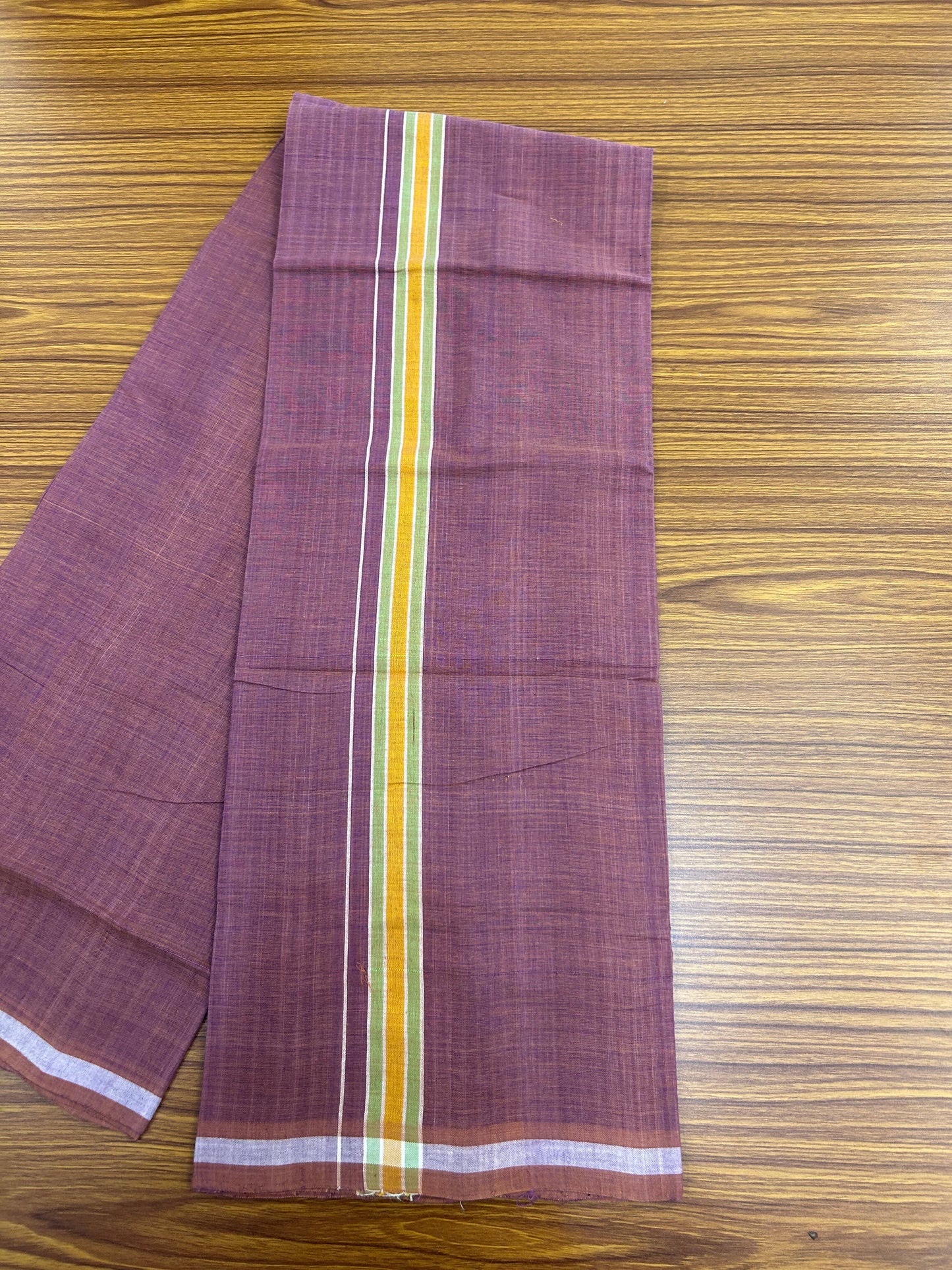 Kerala Handloom Single  - KaithariKada 100% Pure Cotton - Mundu/Dhoti Deep Ruby Body & 1 inch Light Green & Mustard Yellow Kara - (2 meter / 4 muzham)- 2 KK8051 ELA