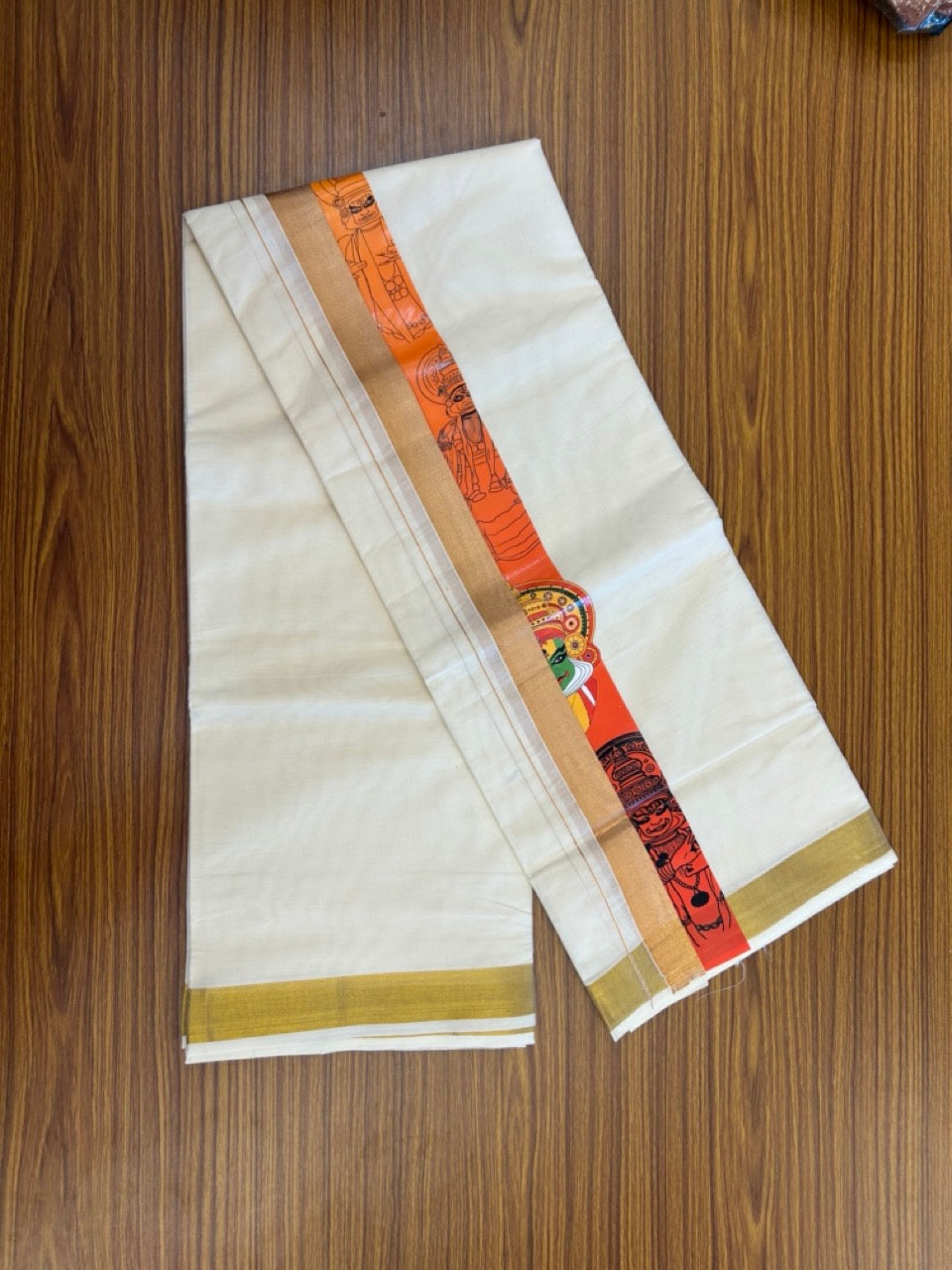 20% Discount! KaithariKada Balaramapuram Off White Double - (Unbleached) Mundu/Dhoti - Mixed Cotton (80x72) - Kathakali Hand Printed Gold Kasav Orange , Red & Yellor Pattern 2.75 inch Kara - 12 KK5271 PMC