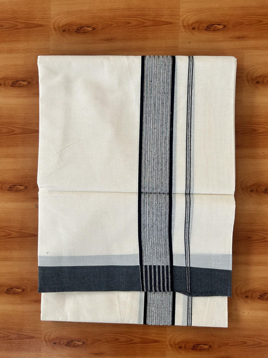 Double Off White (Unbleached) Mundu/Dhoti - 20% Discount! Kaitharikada 100% Pure Cotton - 100x80 - 1.75 inch Silver Kasav & Black Shaded striped Kara 4 mtr (8.5 muzham) - 11 KK5460 PMC