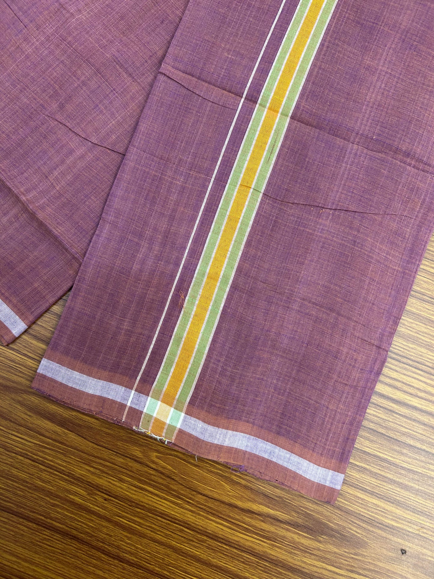 Kerala Handloom Single  - KaithariKada 100% Pure Cotton - Mundu/Dhoti Deep Ruby Body & 1 inch Light Green & Mustard Yellow Kara - (2 meter / 4 muzham)- 2 KK8051 ELA
