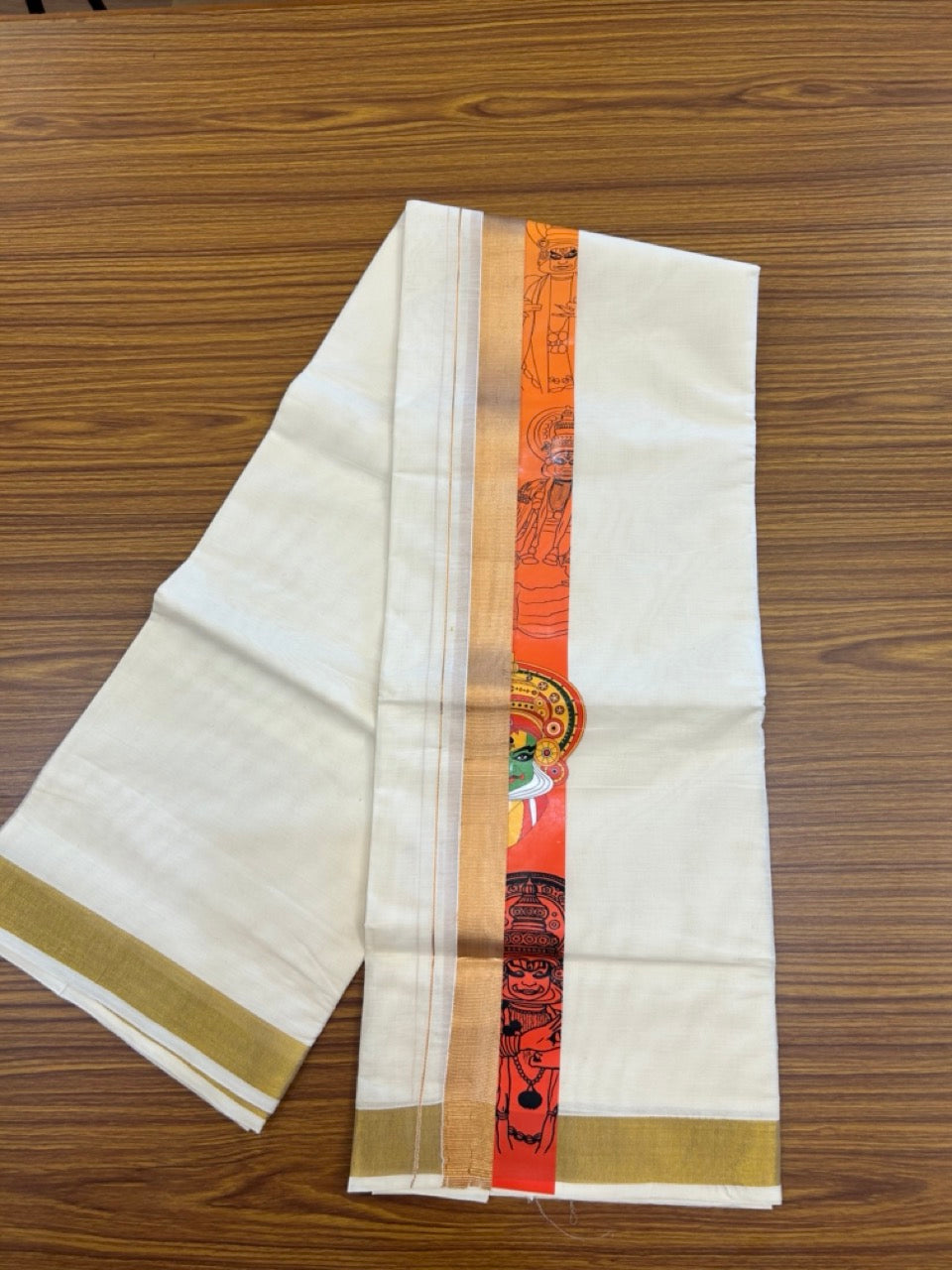20% Discount! KaithariKada Balaramapuram Off White Double - (Unbleached) Mundu/Dhoti - Mixed Cotton (80x72) - Kathakali Hand Printed Gold Kasav Orange , Red & Yellor Pattern 2.75 inch Kara - 12 KK5271 PMC