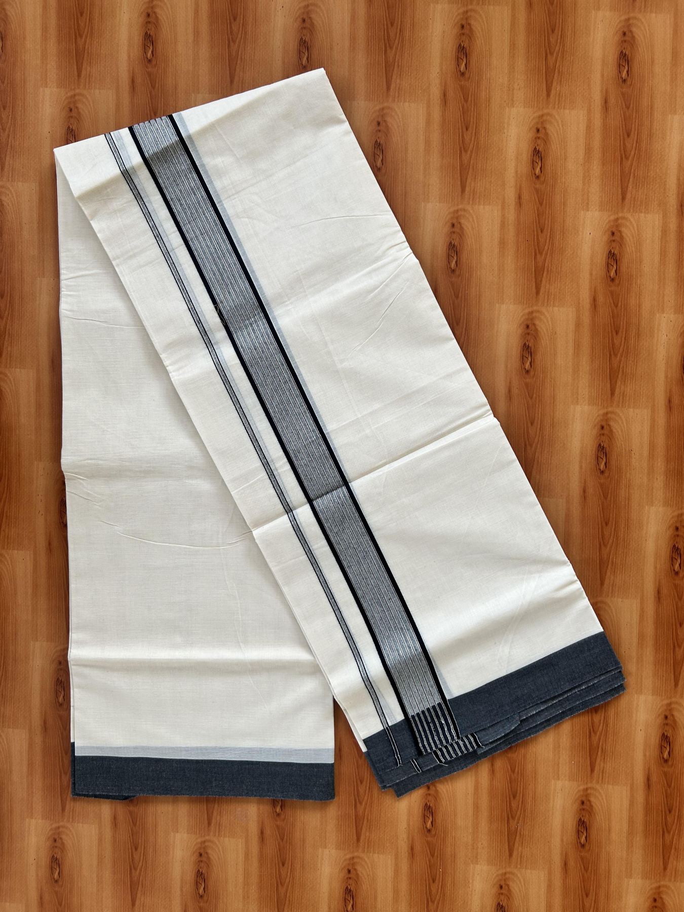 Double Off White (Unbleached) Mundu/Dhoti - 20% Discount! Kaitharikada 100% Pure Cotton - 100x80 - 1.75 inch Silver Kasav & Black Shaded striped Kara 4 mtr (8.5 muzham) - 11 KK5460 PMC