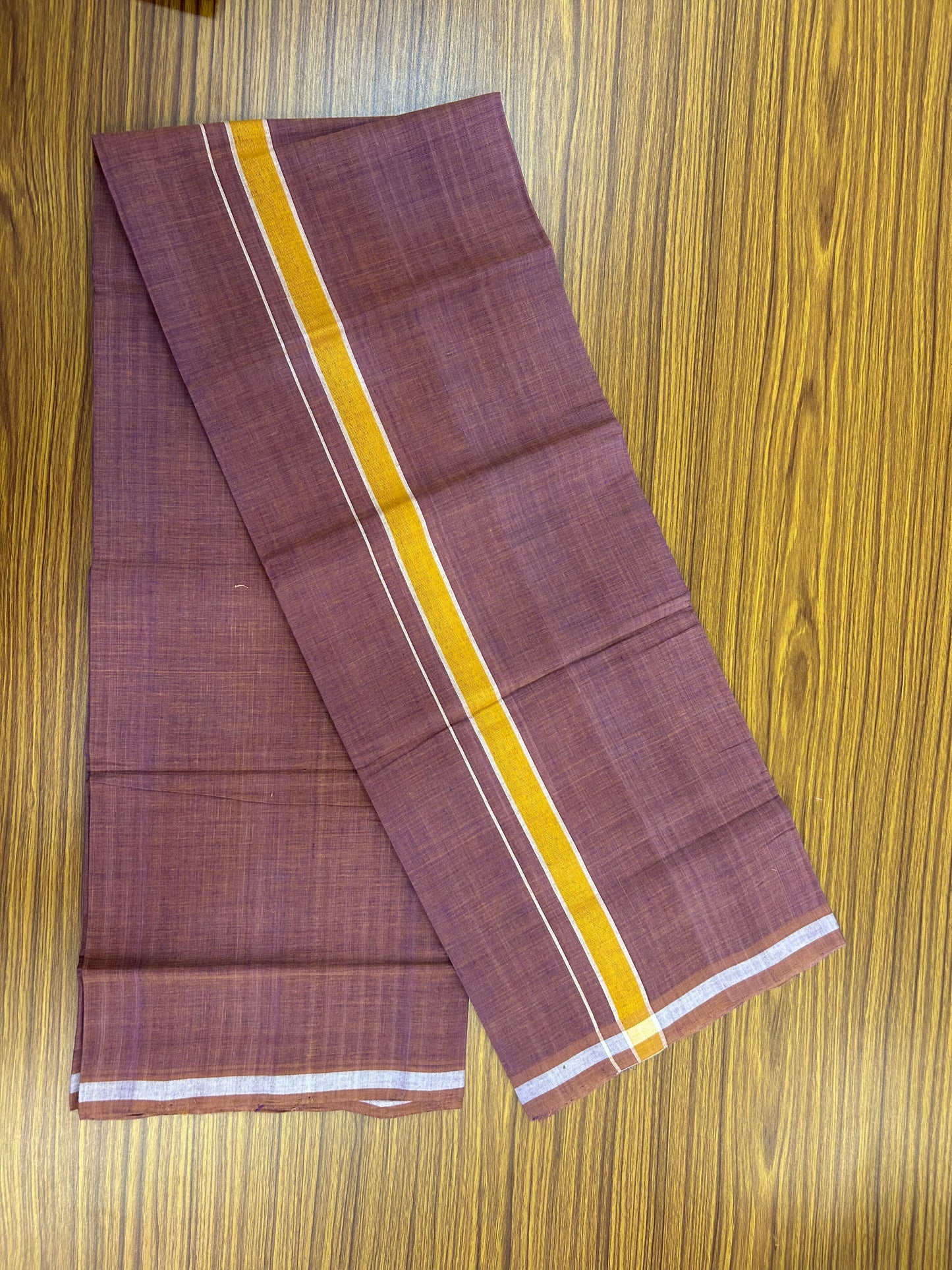 Kerala Handloom Single  - KaithariKada 100% Pure Cotton - Mundu/Dhoti Deep Ruby Body & 1 inch Mustard Yellow Kara - (2 meter / 4 muzham)- 3 KK8051 ELA