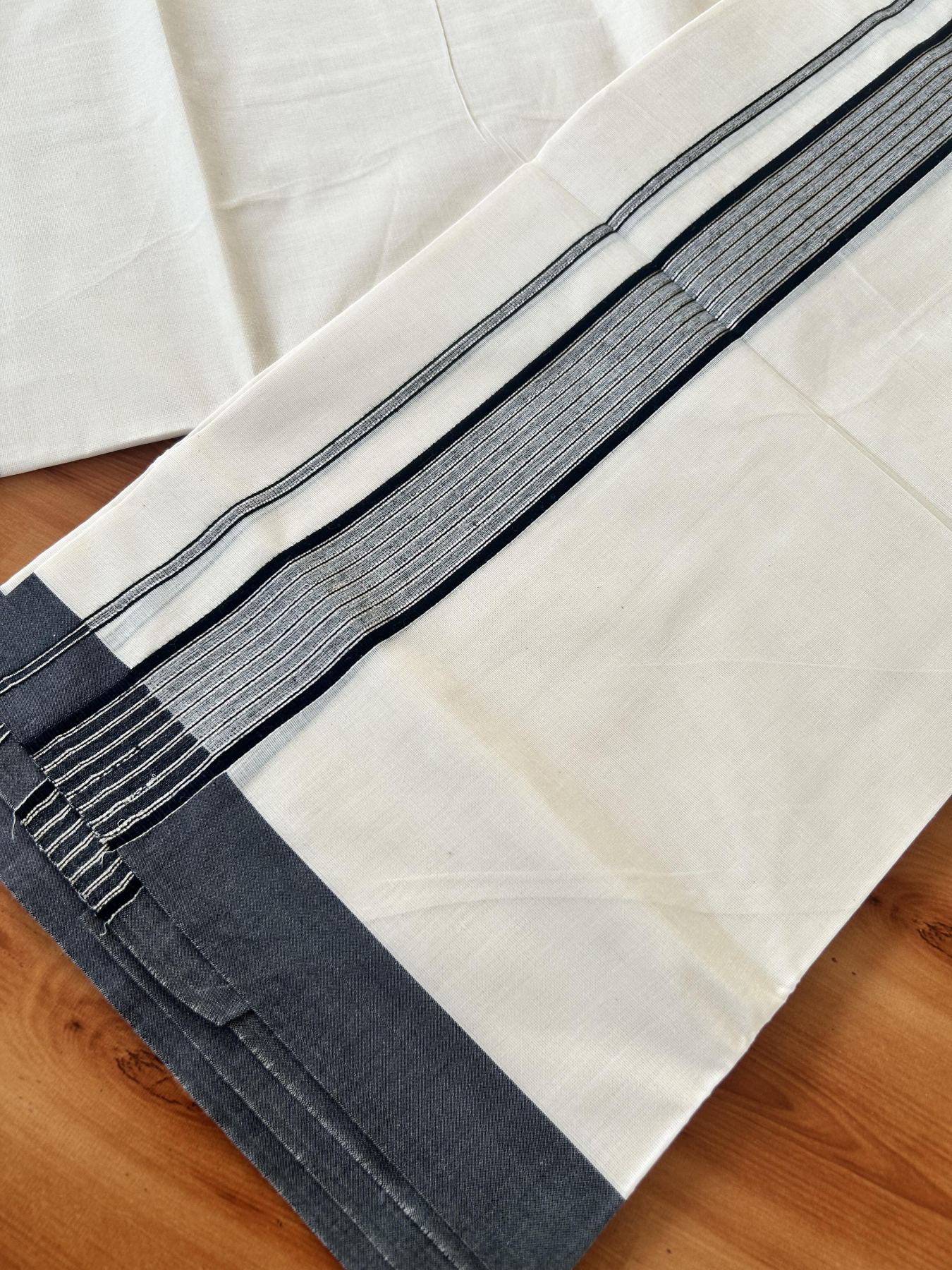 Double Off White (Unbleached) Mundu/Dhoti - 20% Discount! Kaitharikada 100% Pure Cotton - 100x80 - 1.75 inch Silver Kasav & Black Shaded striped Kara 4 mtr (8.5 muzham) - 11 KK5460 PMC