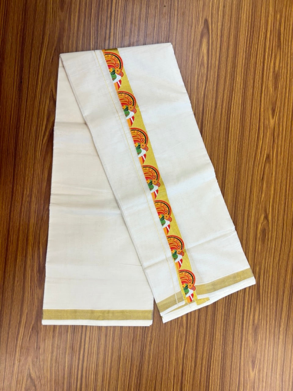 20% Discount!! KaithariKada Balaramapuram Mixed Cotton Double Off white - (Ubleached) Mundu/Dhoti - 80x72 - 1.5 inch Kasavu & Kathakali Printed Design Kara - 11 KK5271 STH