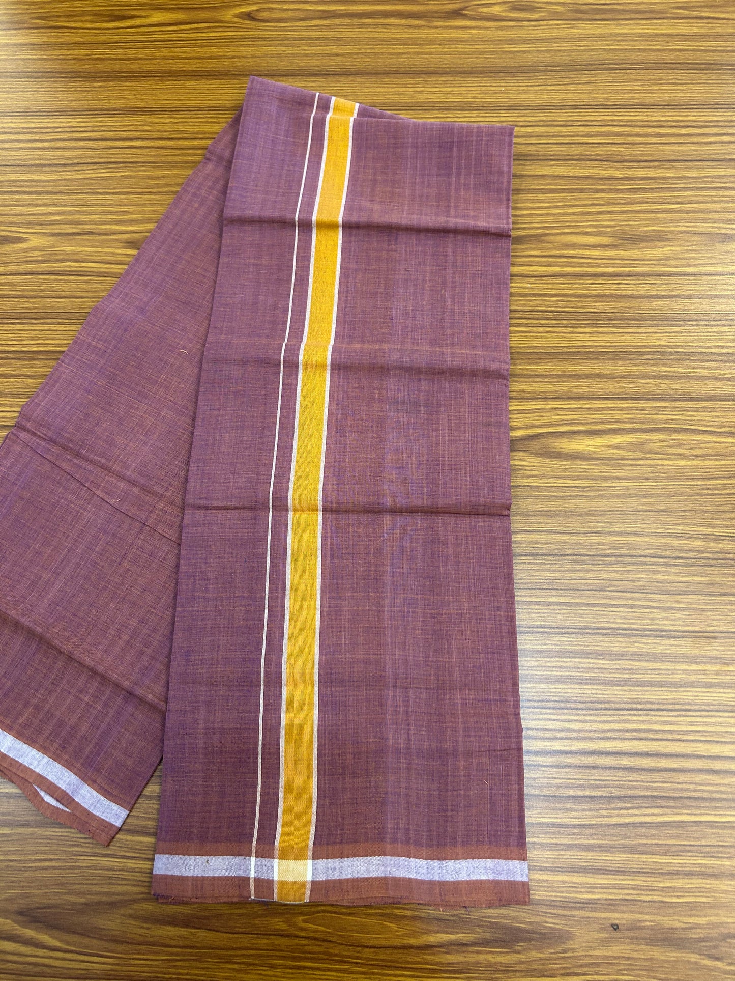Kerala Handloom Single  - KaithariKada 100% Pure Cotton - Mundu/Dhoti Deep Ruby Body & 1 inch Mustard Yellow Kara - (2 meter / 4 muzham)- 3 KK8051 ELA