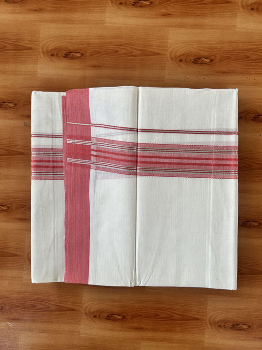 Double Off White (Unbleached) Mundu/Dhoti - 20% Discount! Kaitharikada 100% Pure Cotton - 100x80 - 1.5 inch Silver Kasav & Dark Peach striped shaded Kara 4 mtr (8.5 muzham) - 21 KK5460 PMC