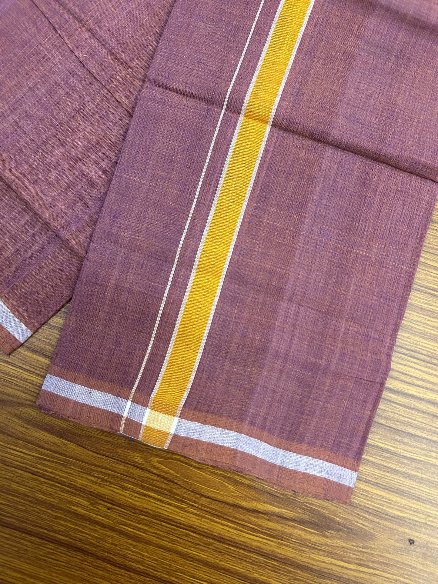 Kerala Handloom Single  - KaithariKada 100% Pure Cotton - Mundu/Dhoti Deep Ruby Body & 1 inch Mustard Yellow Kara - (2 meter / 4 muzham)- 3 KK8051 ELA