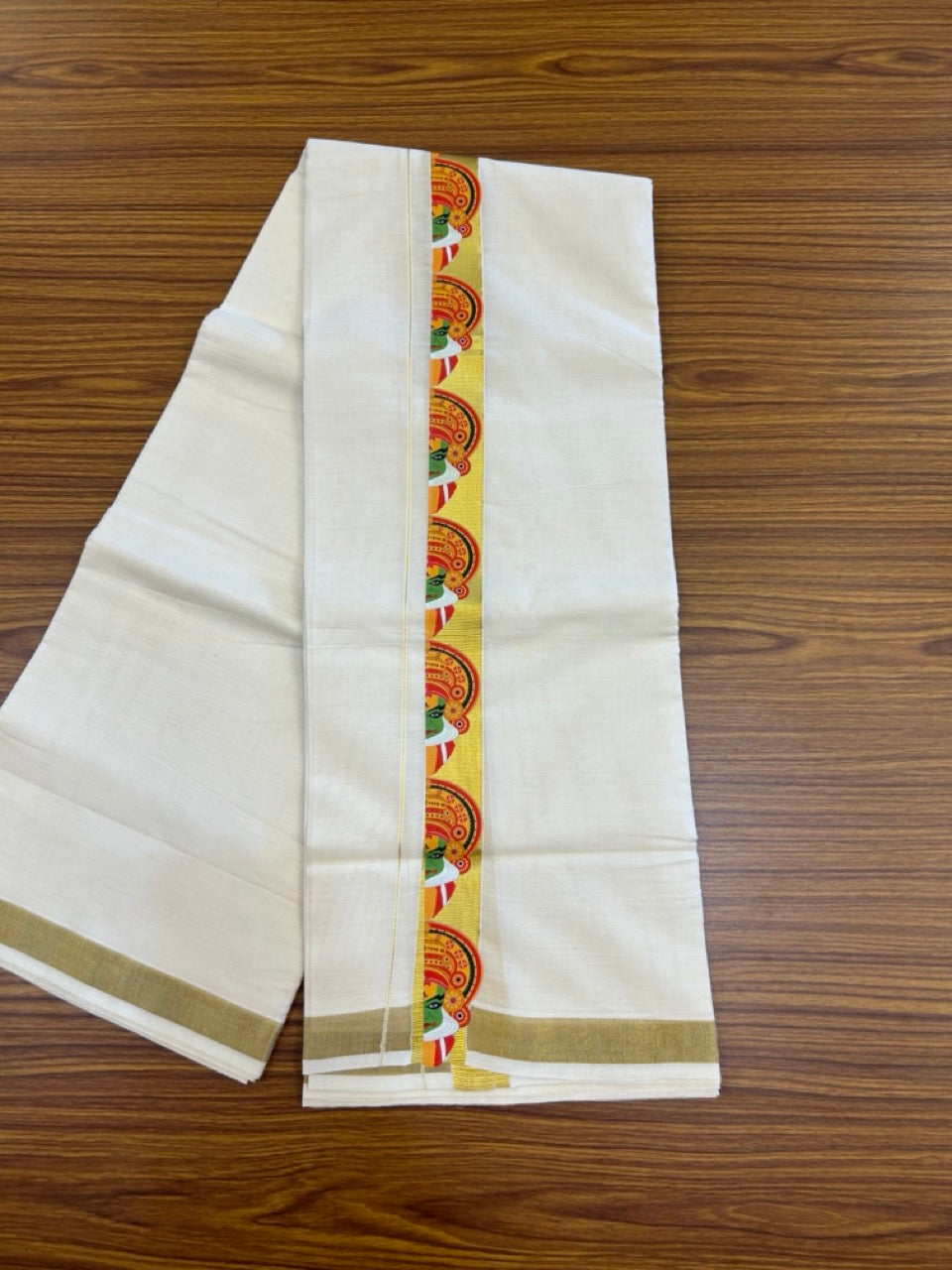 20% Discount!! KaithariKada Balaramapuram Mixed Cotton Double Off white - (Ubleached) Mundu/Dhoti - 80x72 - 1.5 inch Kasavu & Kathakali Printed Design Kara - 11 KK5271 STH