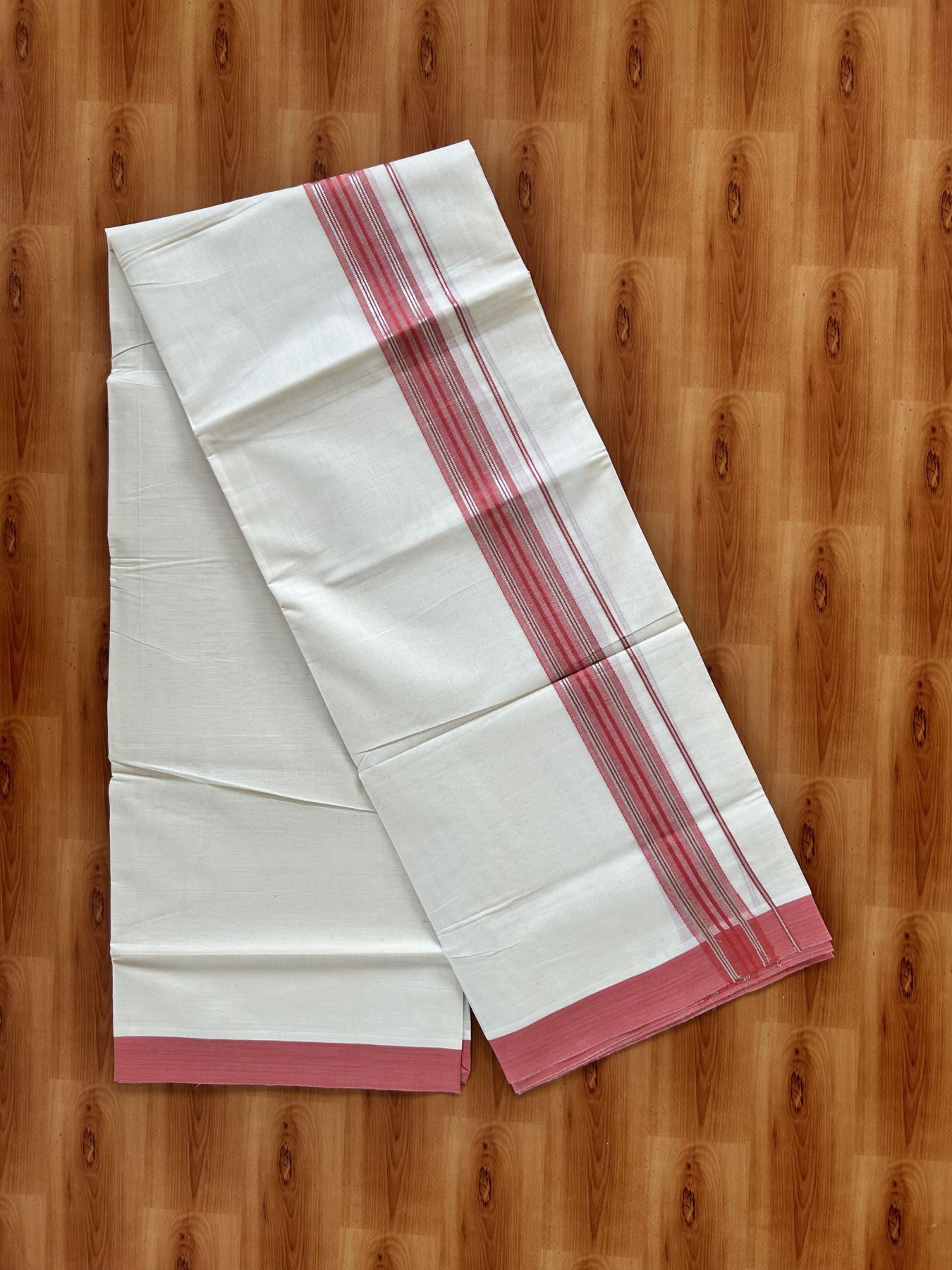 Double Off White (Unbleached) Mundu/Dhoti - 20% Discount! Kaitharikada 100% Pure Cotton - 100x80 - 1.5 inch Silver Kasav & Dark Peach striped shaded Kara 4 mtr (8.5 muzham) - 21 KK5460 PMC