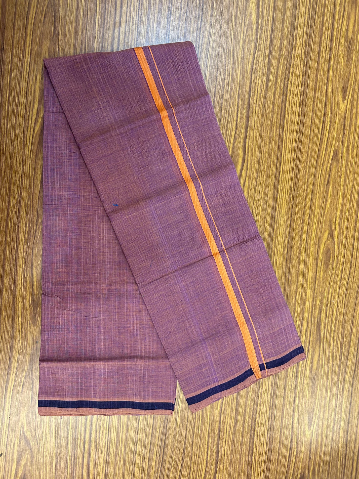 Kerala Handloom Single  - KaithariKada 100% Pure Cotton - Mundu/Dhoti Deep Ruby Body & 0.5 inch Orange Kara - (2 meter / 4 muzham)- 4 KK8051 ELA