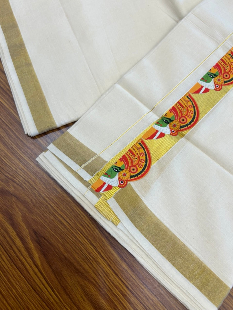 20% Discount!! KaithariKada Balaramapuram Mixed Cotton Double Off white - (Ubleached) Mundu/Dhoti - 80x72 - 1.5 inch Kasavu & Kathakali Printed Design Kara - 11 KK5271 STH