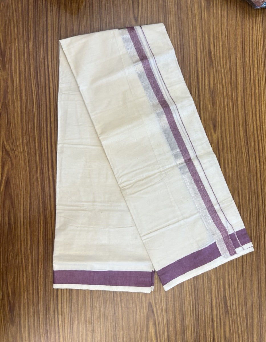 20% DISCOUNT ! KaithariKada Balaramapuram 100%  Cotton Double Off white - (Unbleached) Mundu/Dhoti - 100X80 - 2 inch Wine & Silver kasav Kara 4mtr (8.5 muzham) - 2 KK5271 VIN