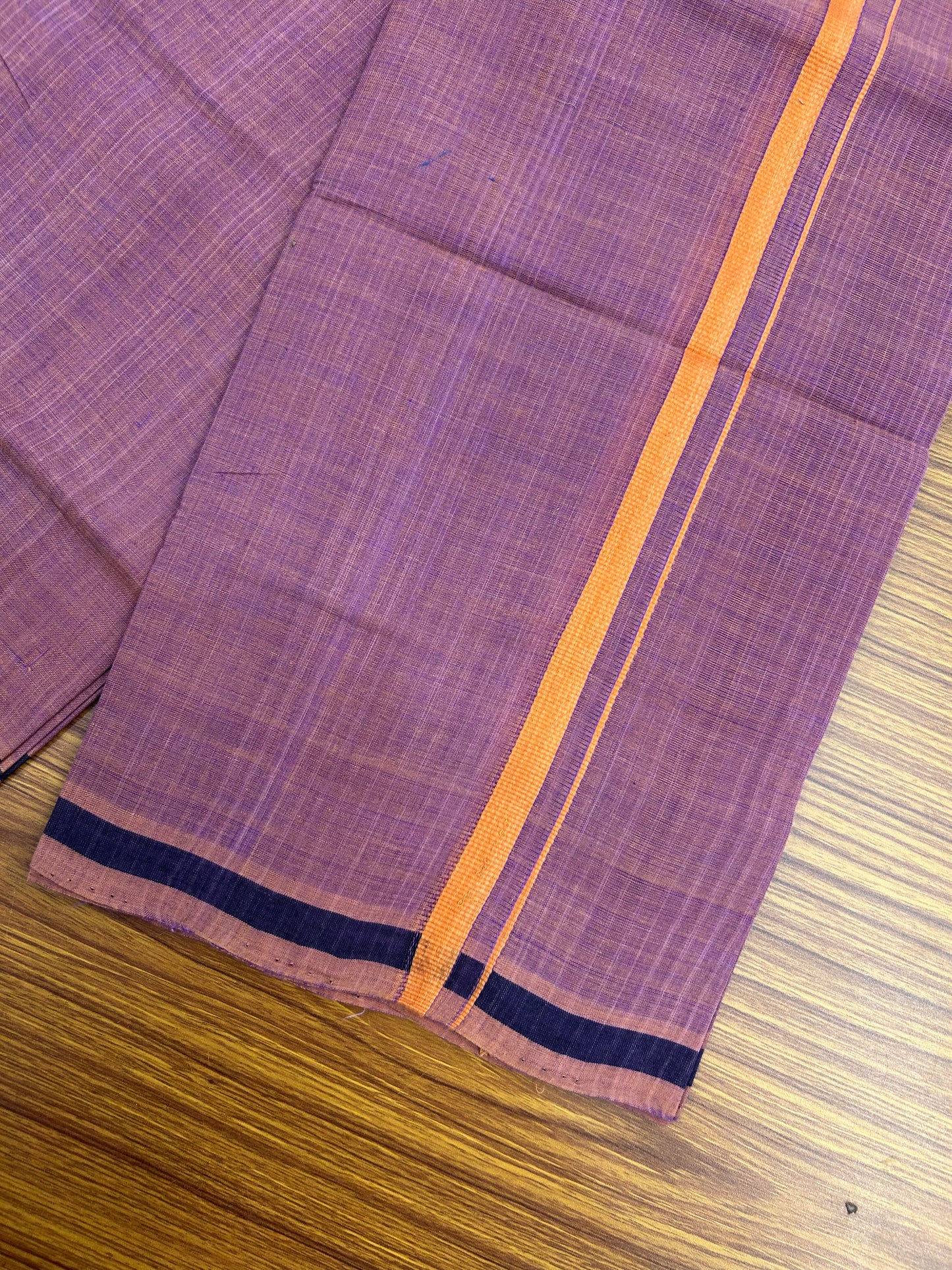 Kerala Handloom Single  - KaithariKada 100% Pure Cotton - Mundu/Dhoti Deep Ruby Body & 0.5 inch Orange Kara - (2 meter / 4 muzham)- 4 KK8051 ELA