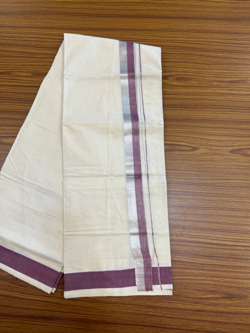 20% DISCOUNT ! KaithariKada Balaramapuram 100%  Cotton Double Off white - (Unbleached) Mundu/Dhoti - 100X80 - 2 inch Wine & Silver kasav Kara 4mtr (8.5 muzham) - 2 KK5271 VIN