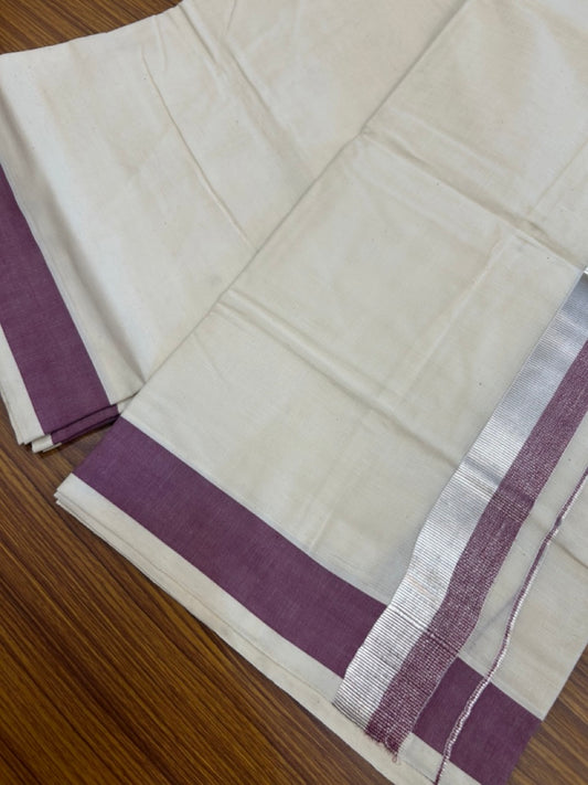 20% DISCOUNT ! KaithariKada Balaramapuram 100%  Cotton Double Off white - (Unbleached) Mundu/Dhoti - 100X80 - 2 inch Wine & Silver kasav Kara 4mtr (8.5 muzham) - 2 KK5271 VIN