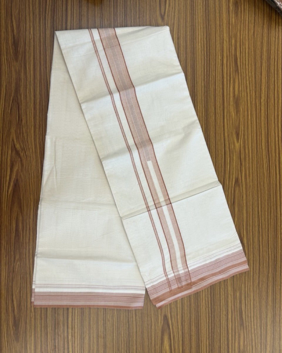 20% DISCOUNT ! KaithariKada Balaramapuram 100% Cotton Double Off white - (Unbleached) Mundu/Dhoti - 100X80 - 1.5 inch Orange Brown stripes Kara 4mtr (8.5 muzham) - 6 KK5271 VIN