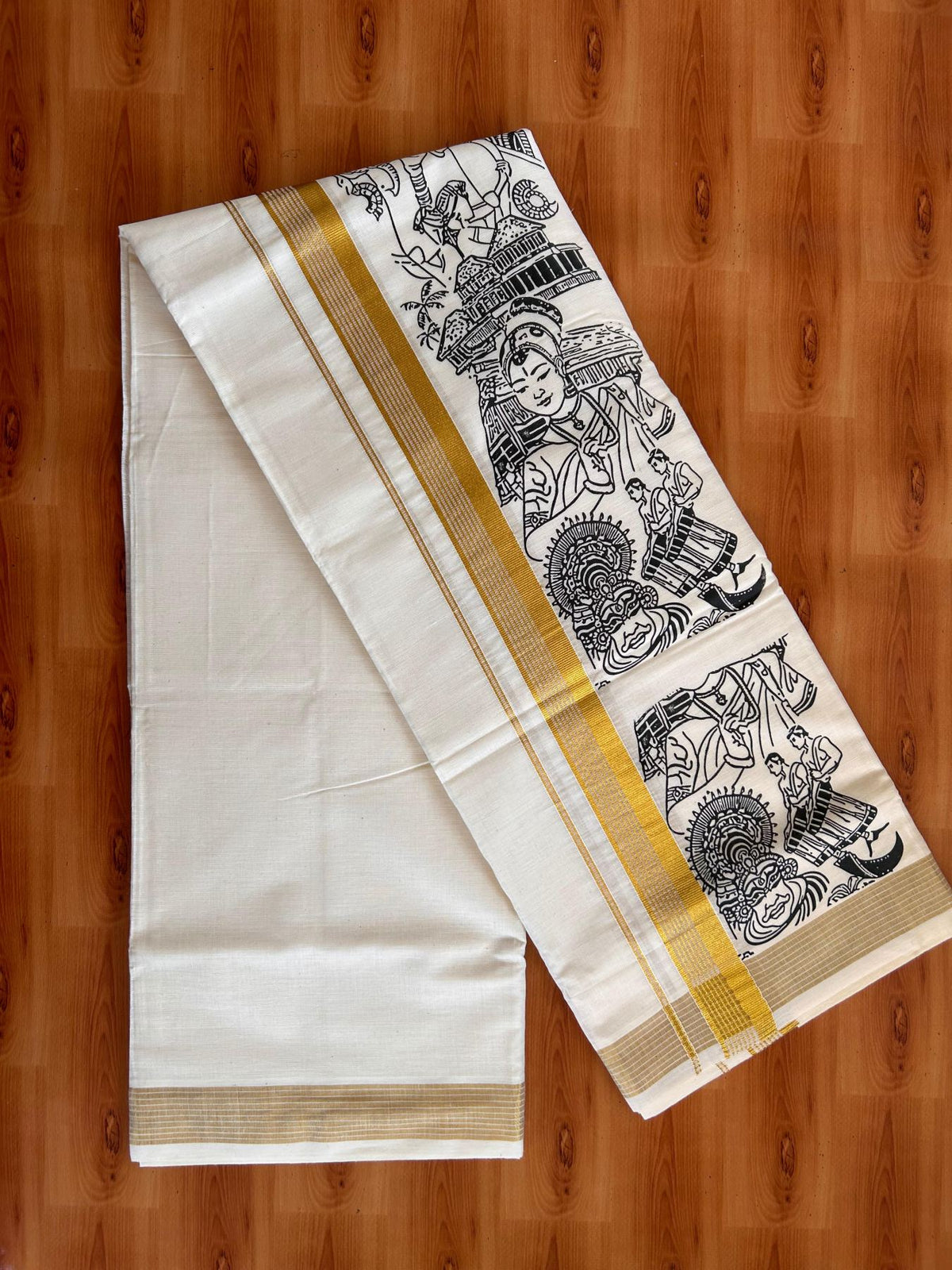 Double Off White (Unbleached) Mund/Dhoti - 20% Discount! KaithariKada Mixed Cotton - 60s - 1.25 inch Gold Kasav Striped Kara with Black Kerala Traditional Printed Design 4 mtr (8.5 Muzham) - 53 KK5520 PMC