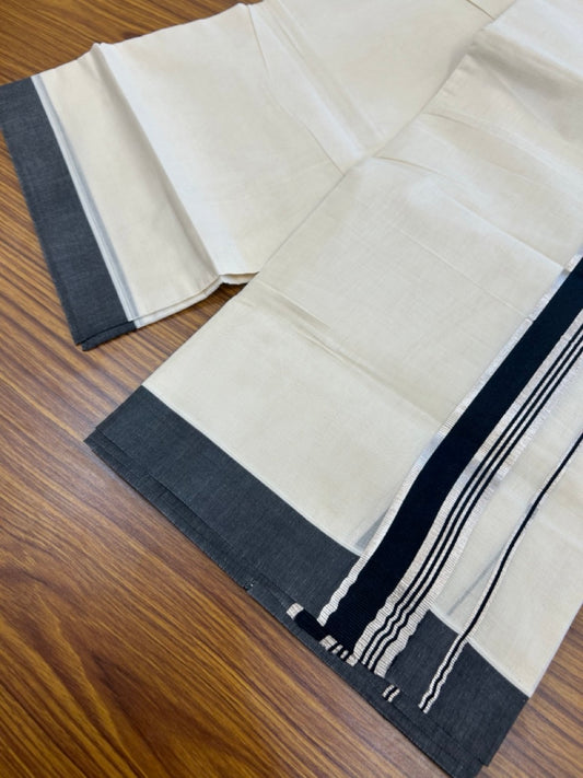 20% DISCOUNT ! KaithariKada Balaramapuram 100% Cotton Double Off white - (Unbleached) Mundu/Dhoti - 100X80 - 1.5 inch Black & Silver kasav Kara 4mtr (8.5 muzham) - 3 KK5271 VAS