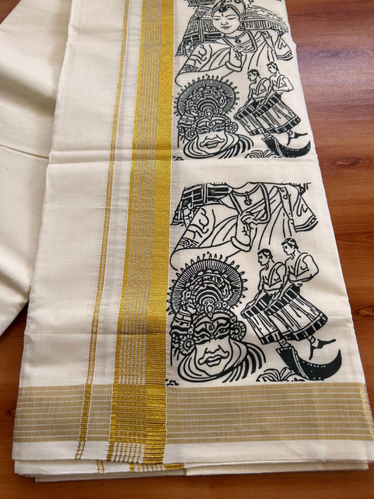Double Off White (Unbleached) Mund/Dhoti - 20% Discount! KaithariKada Mixed Cotton - 60s - 1.25 inch Gold Kasav Striped Kara with Black Kerala Traditional Printed Design 4 mtr (8.5 Muzham) - 53 KK5520 PMC