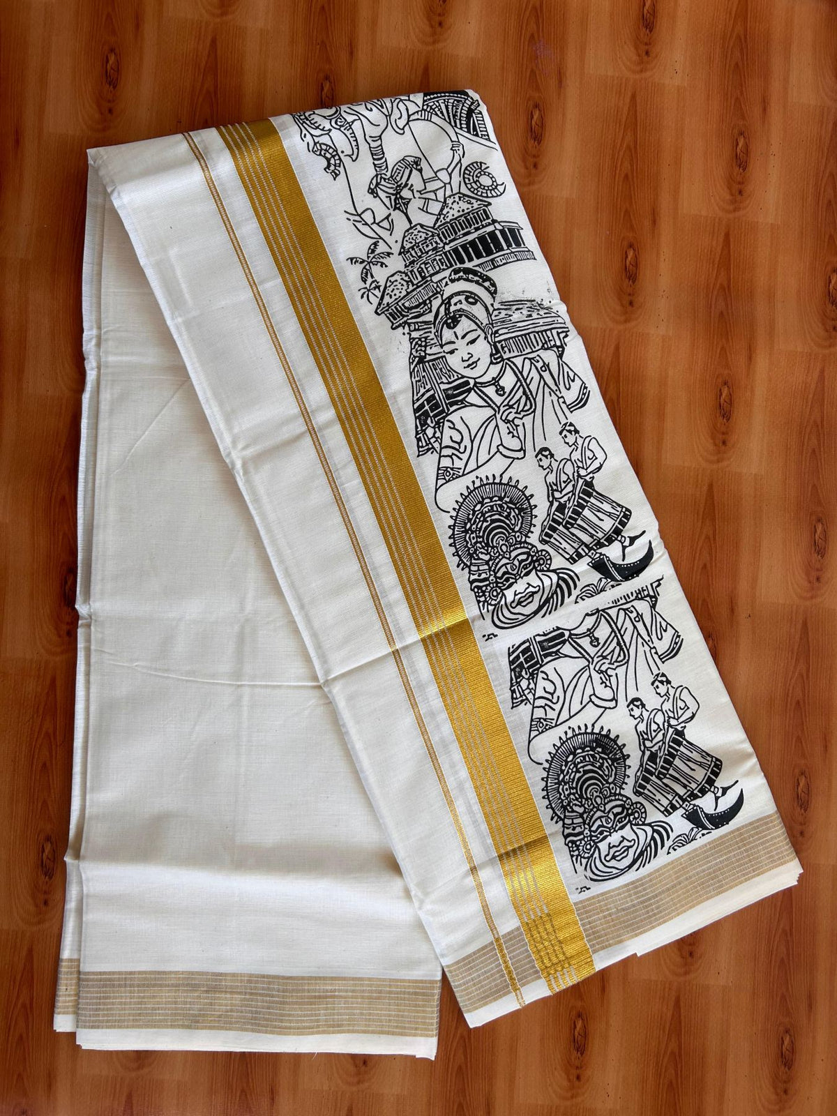 Double Off White (Unbleached) Mund/Dhoti - 20% Discount! KaithariKada Mixed Cotton - 60s - 1.25 inch Gold Kasav Striped Kara with Black Kerala Traditional Printed Design 4 mtr (8.5 Muzham) - 54 KK5520 PMC