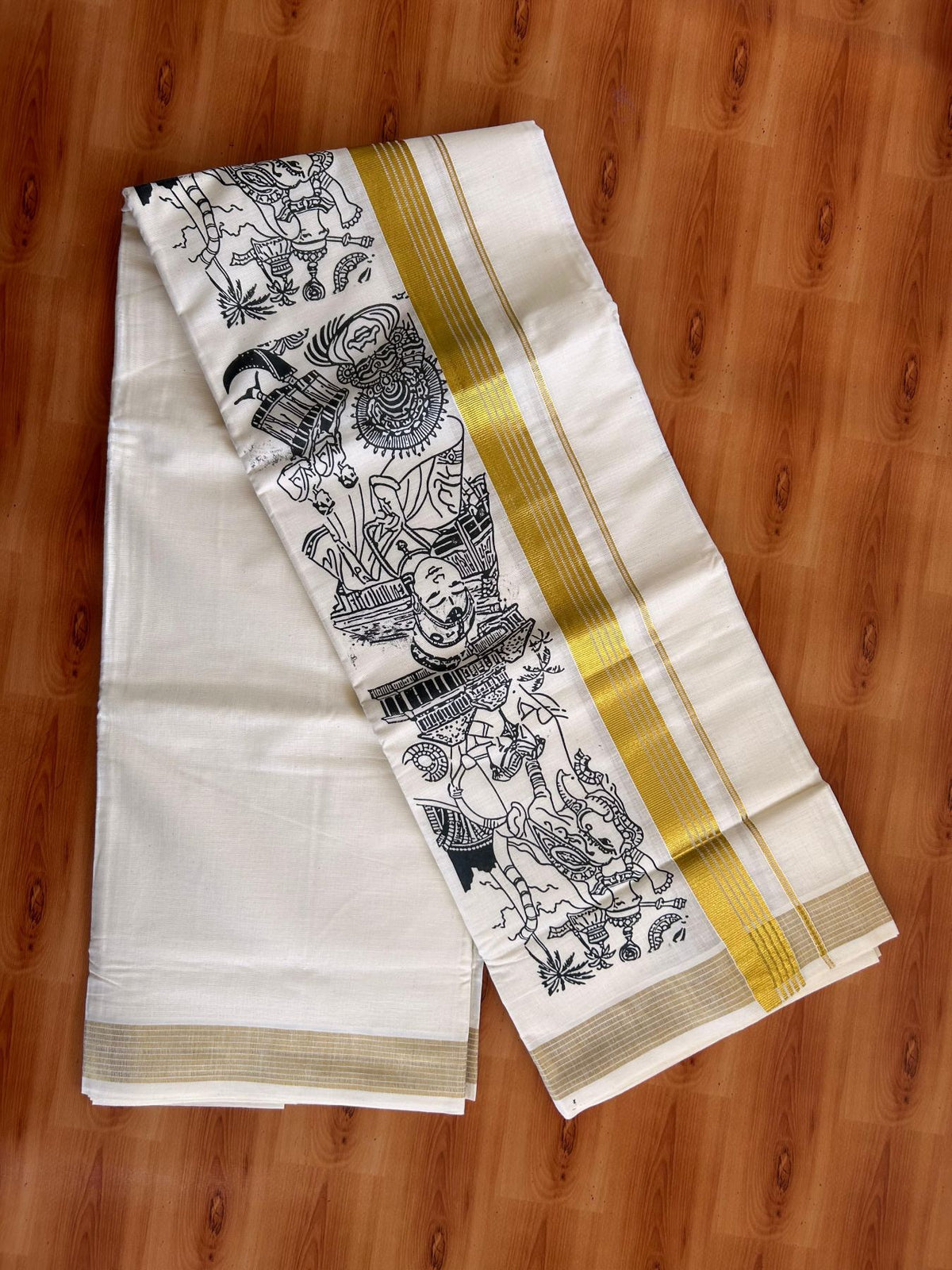 Double Off White (Unbleached) Mund/Dhoti - 20% Discount! KaithariKada Mixed Cotton - 60s - 1.25 inch Gold Kasav Striped Kara with Black Kerala Traditional Printed Design 4 mtr (8.5 Muzham) - 54 KK5520 PMC