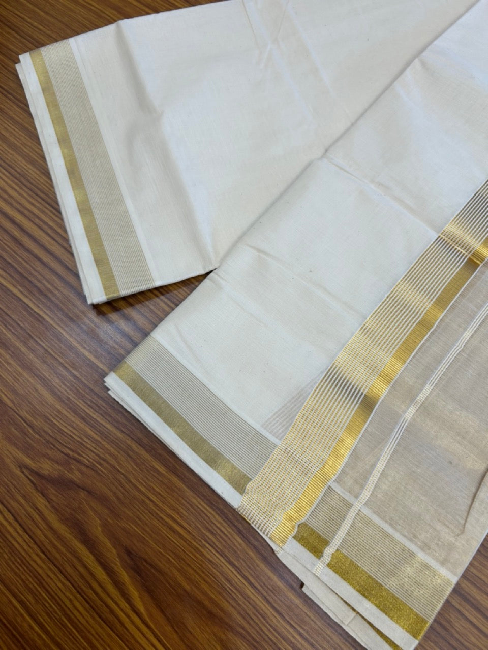 20% DISCOUNT! Kaitharikada Balaramapuram 100% Cotton OFF WHITE Double Mundu/Dothi  - 100x80 - Half Tissue 1.5 Inch Gold Kasav Stripes Kara - 10 KK5271 VIN